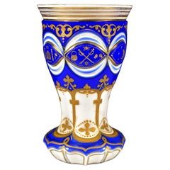 Antique Masonic Overlay Goblet-opál and Cobalt Glass Engraved, Cut and Paint 19th Century