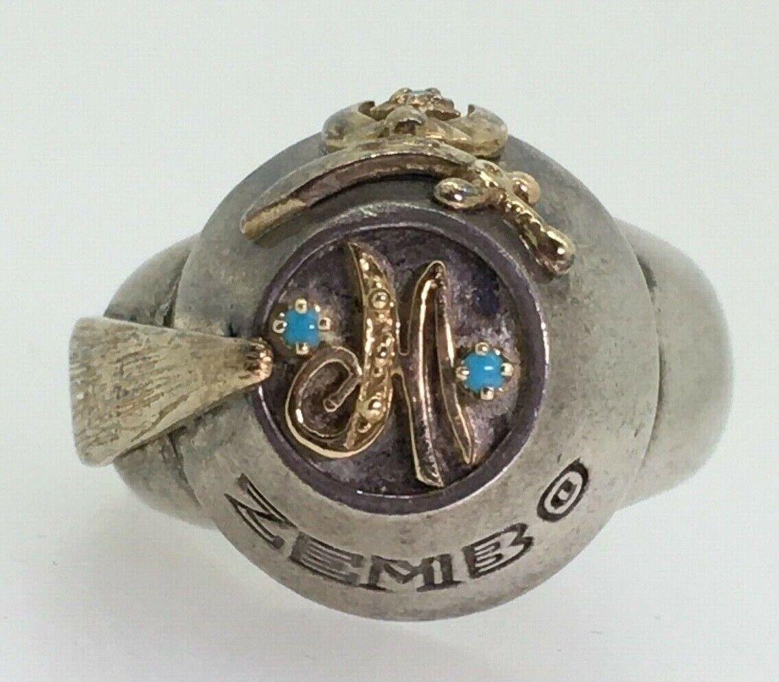 Round Cut Masonic Shriner Antioch Turquoise & Diamond Gold & Sterling Silver Mens’ Ring For Sale