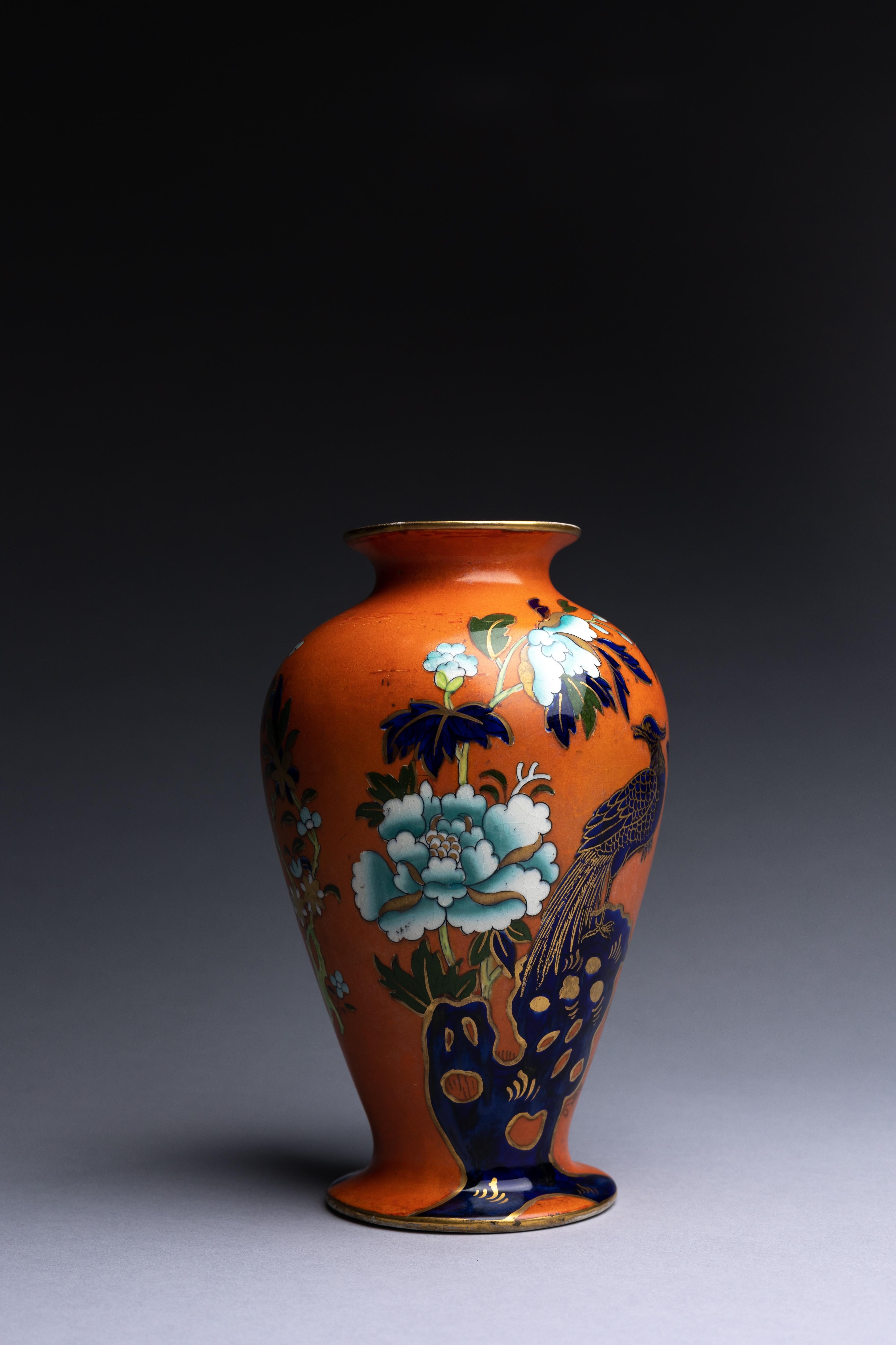 Chinoiserie Mason's Ashworth Orange Ironstone 'Pheasant' Baluster Vase For Sale