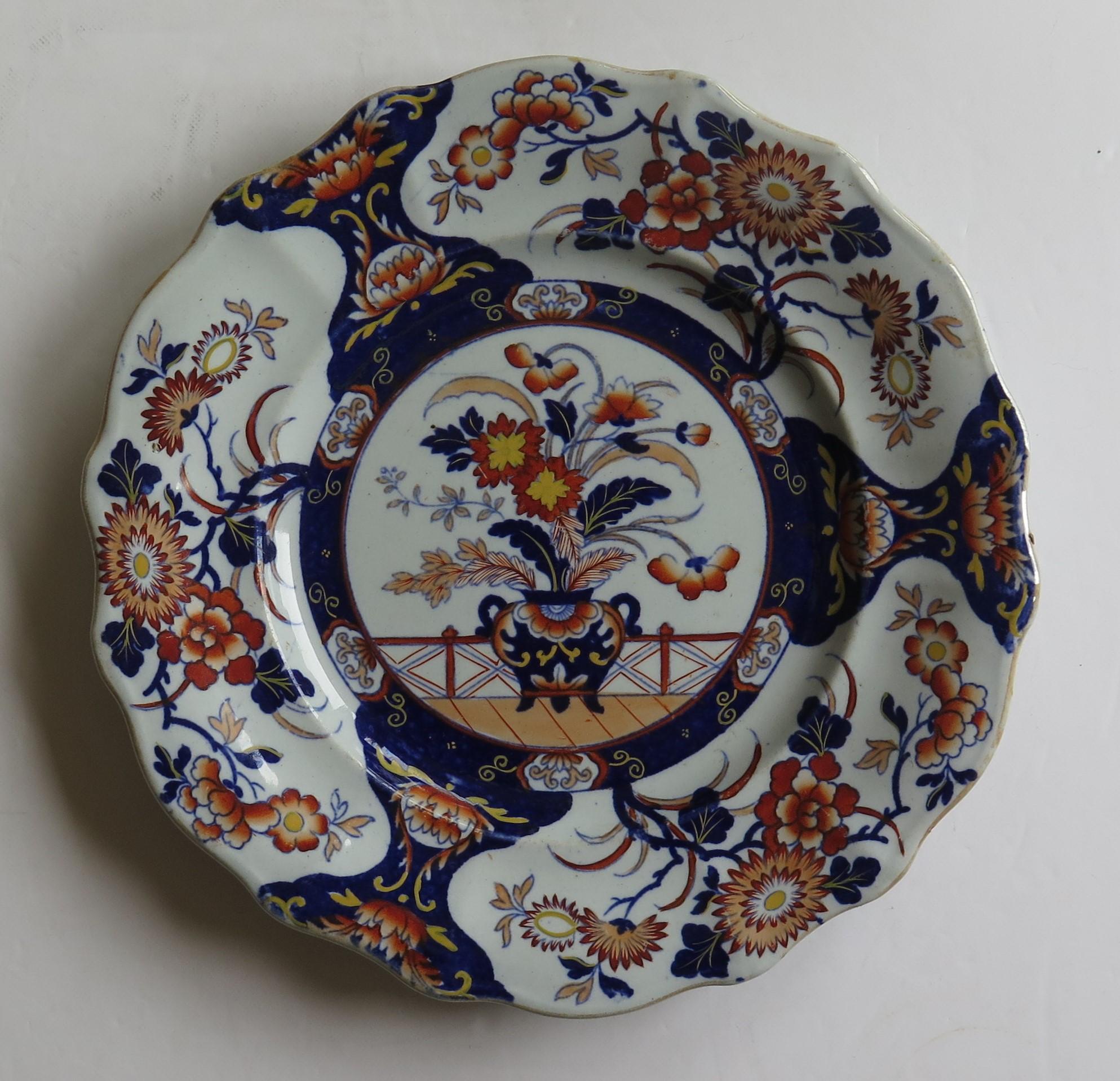 Hand-Painted Mason's Ashworth's Ironstone Dinner Plate in Fence & Bowl Pattern, circa 1870