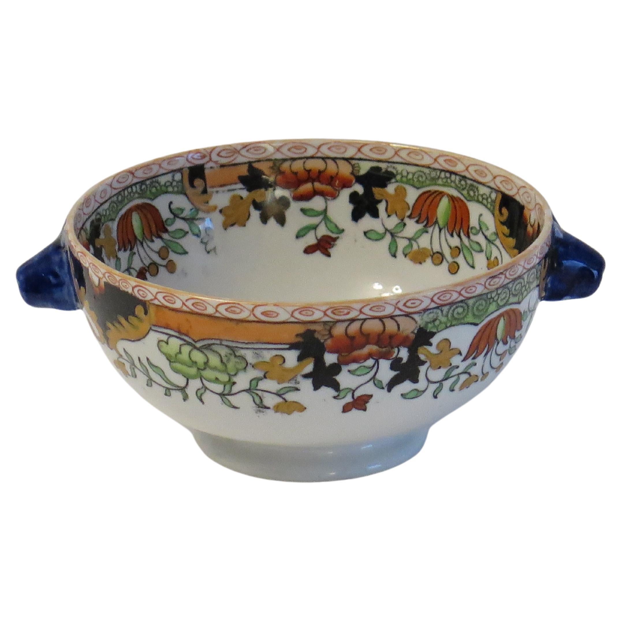 This is a twin boar handled open Bowl made by Mason's Ironstone in the rare Peacock, Peony and rock pattern, dating to the early / mid 19th century, circa 1835 to 1840..

Mason's bowls in this shape with the Boar or Pig side handles are rare. 

The