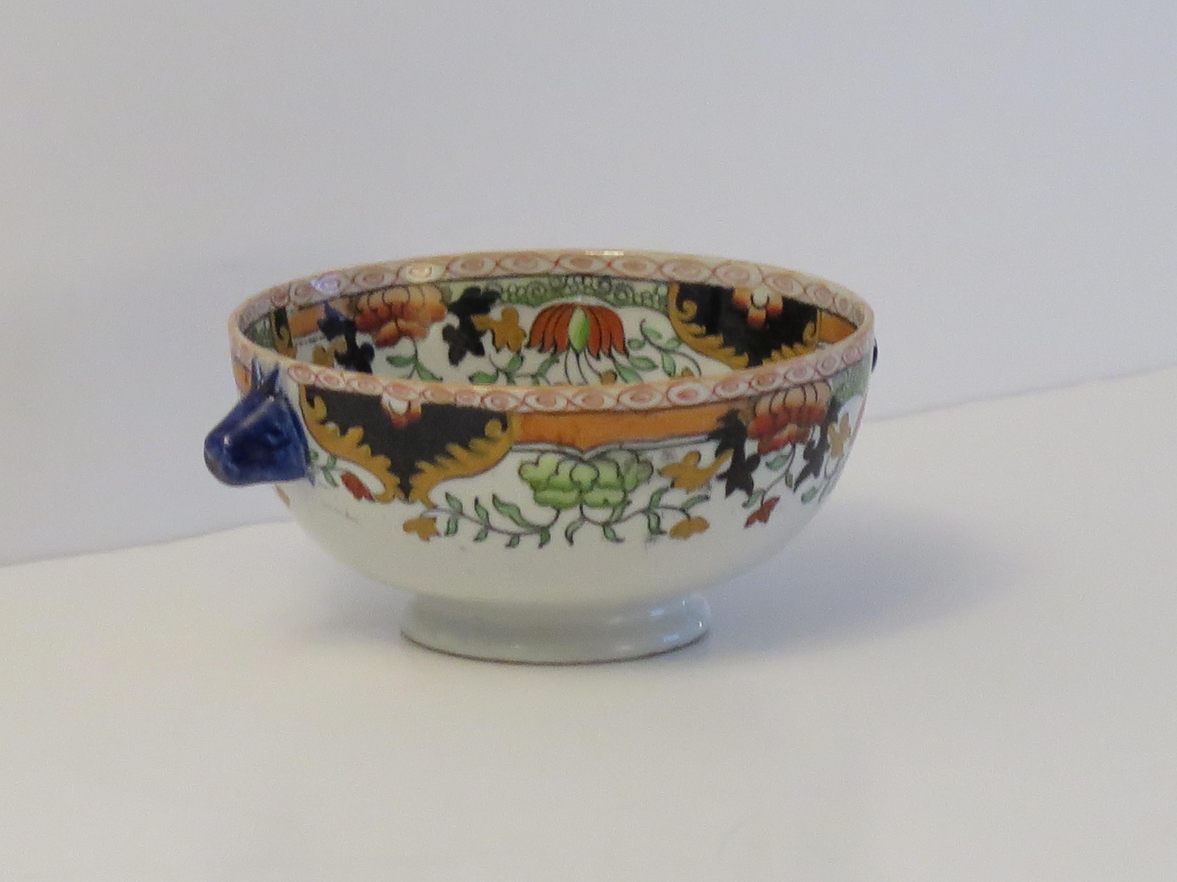 Hand-Painted Masons Ironstone Bowl in Peacock Peony & Rock hand painted Pattern, circa 1838 For Sale