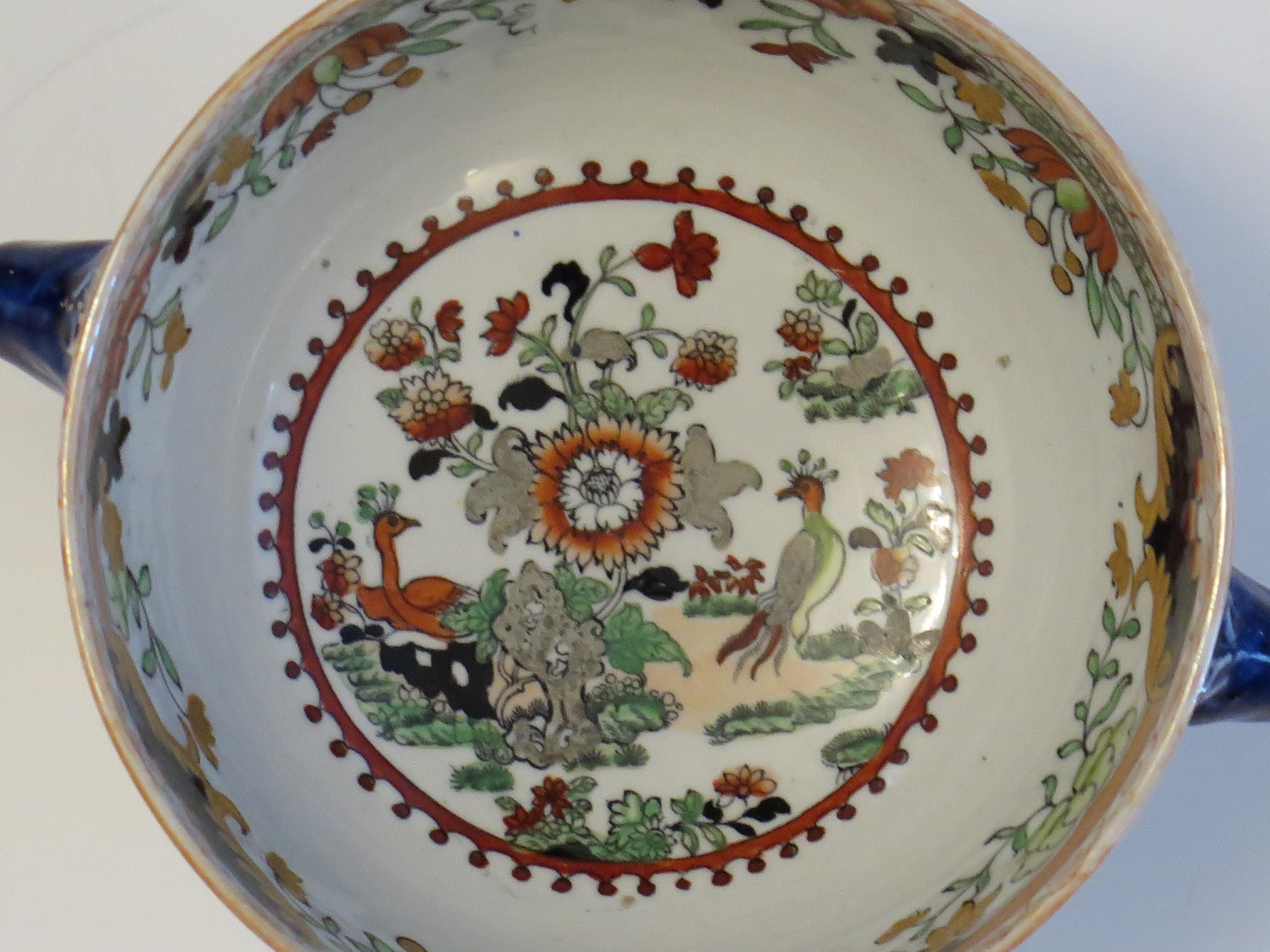 Masons Ironstone Bowl in Peacock Peony & Rock hand painted Pattern, circa 1838 For Sale 2