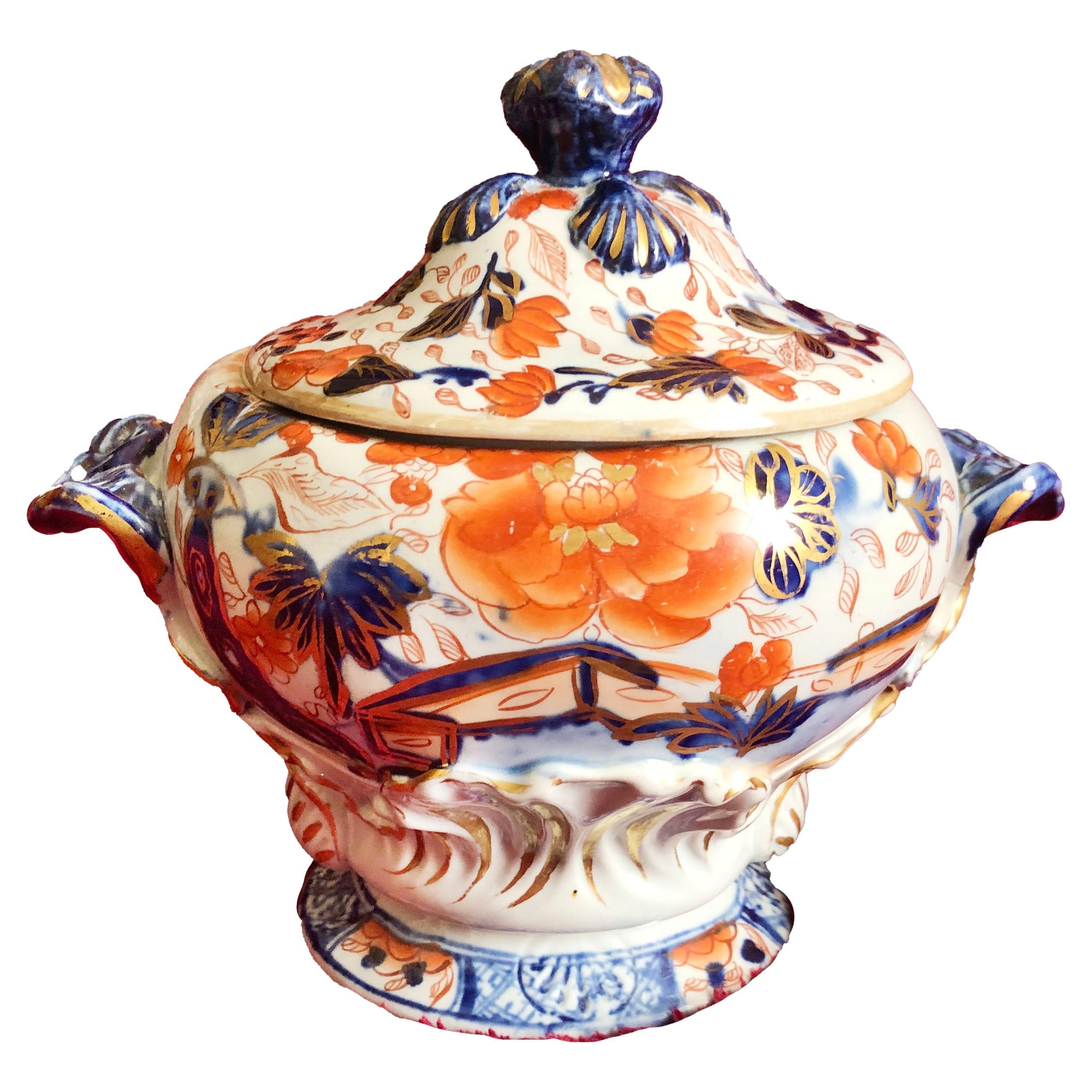 Masons Ironstone Burnt Orange and Blue Lidded Soup Tureen