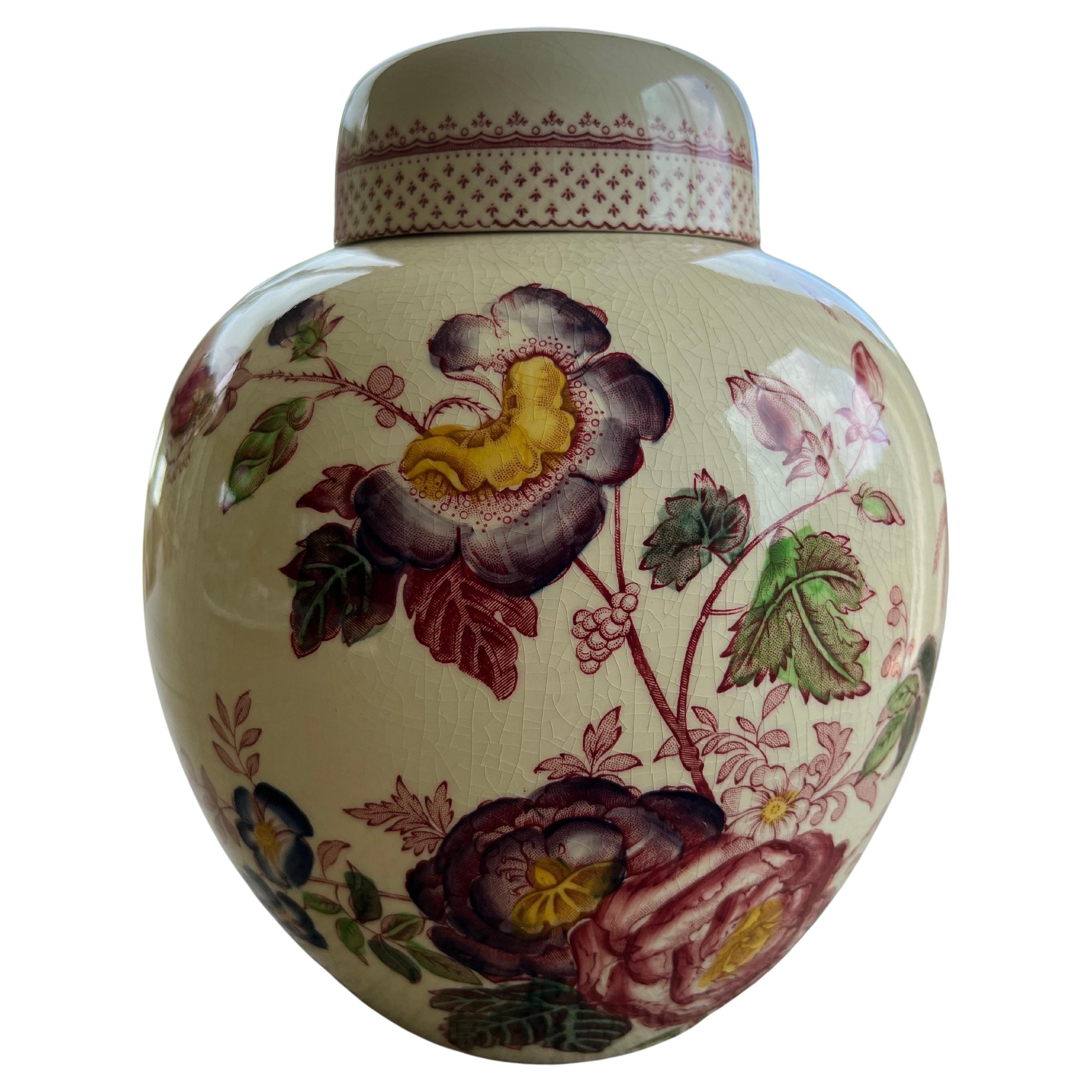 Vase en céramique chinoise Mason's Ironstone avec couvercle et impression de fleurs en vente