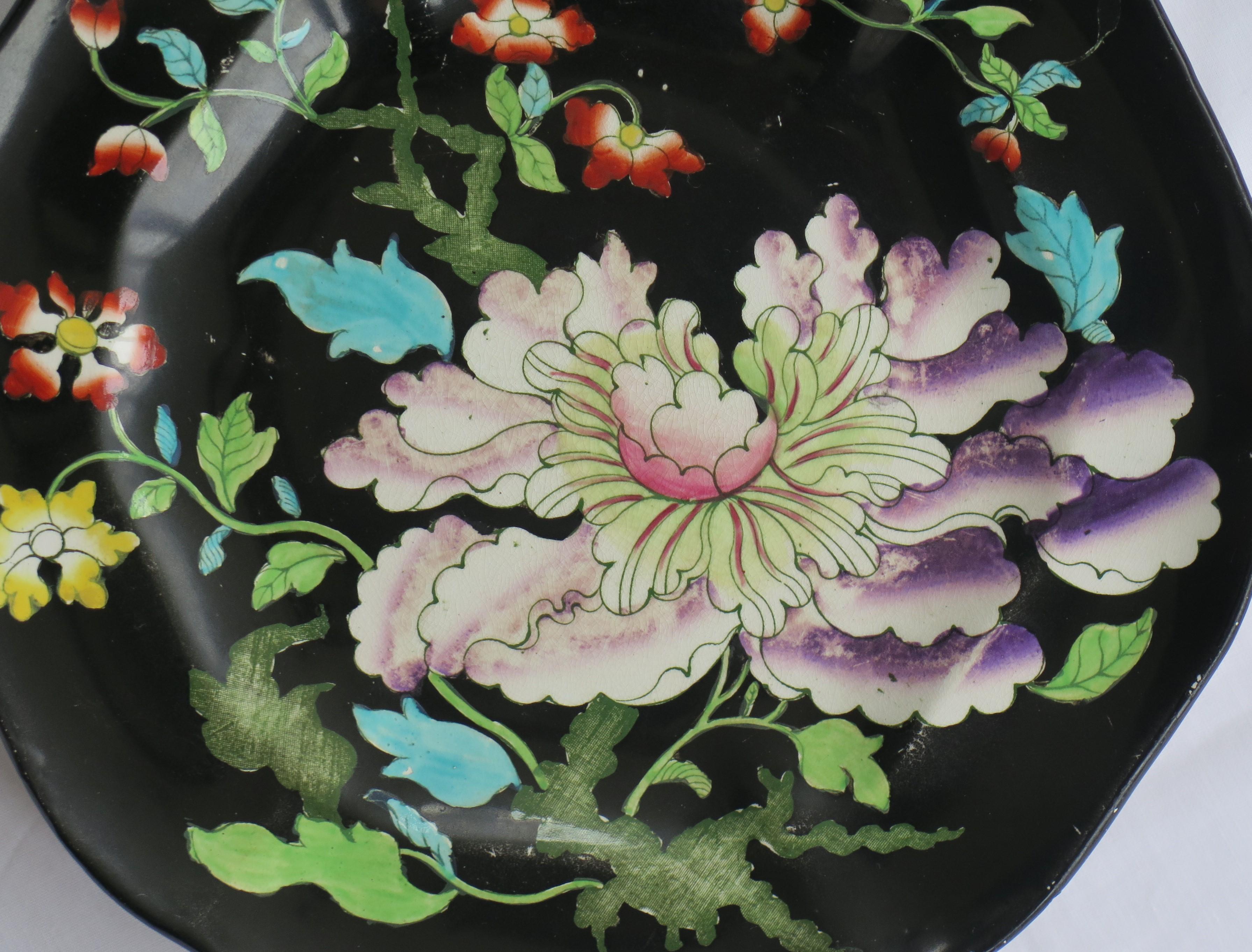 English Mason's Ironstone Dinner Plate Chinoiserie Hand Painted Black Ground, circa 1845 For Sale