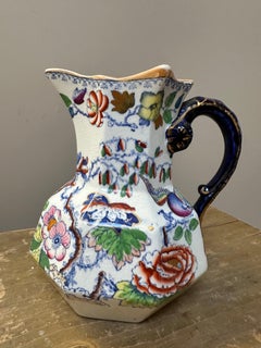 Brocca esagonale in Ironstone di Mason, con motivi floreali, 1860 circa