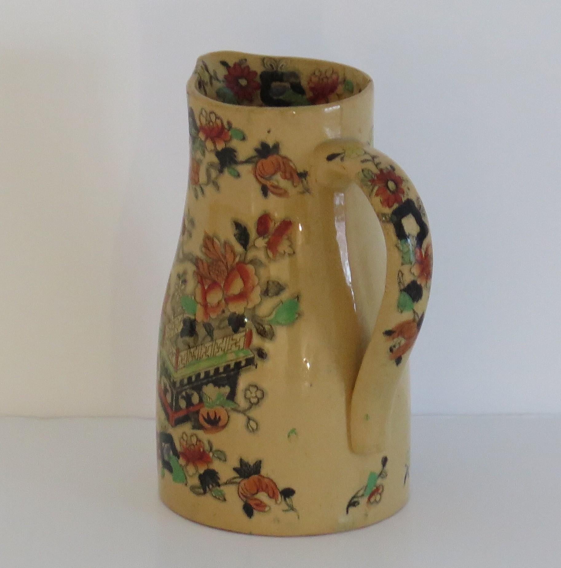 English Mason's Ironstone Jug or Pitcher in Flower Box hand painted Pattern, circa 1840