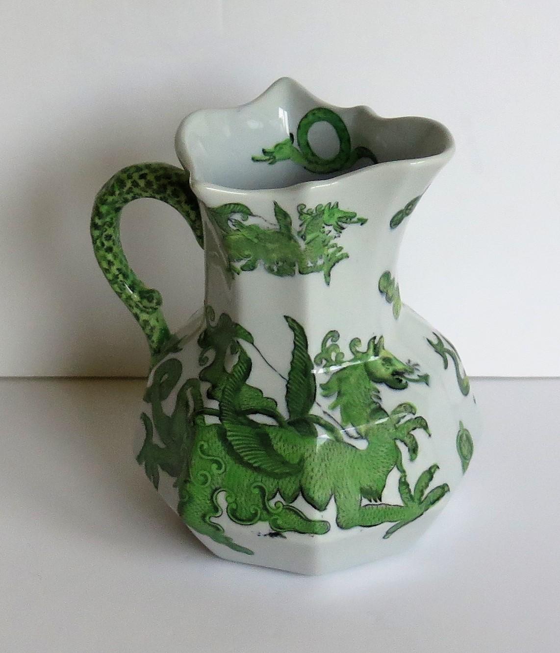 Hand-Painted Mason's Ironstone Jug or Pitcher in Green Chinese Dragon Pattern, 19th Century