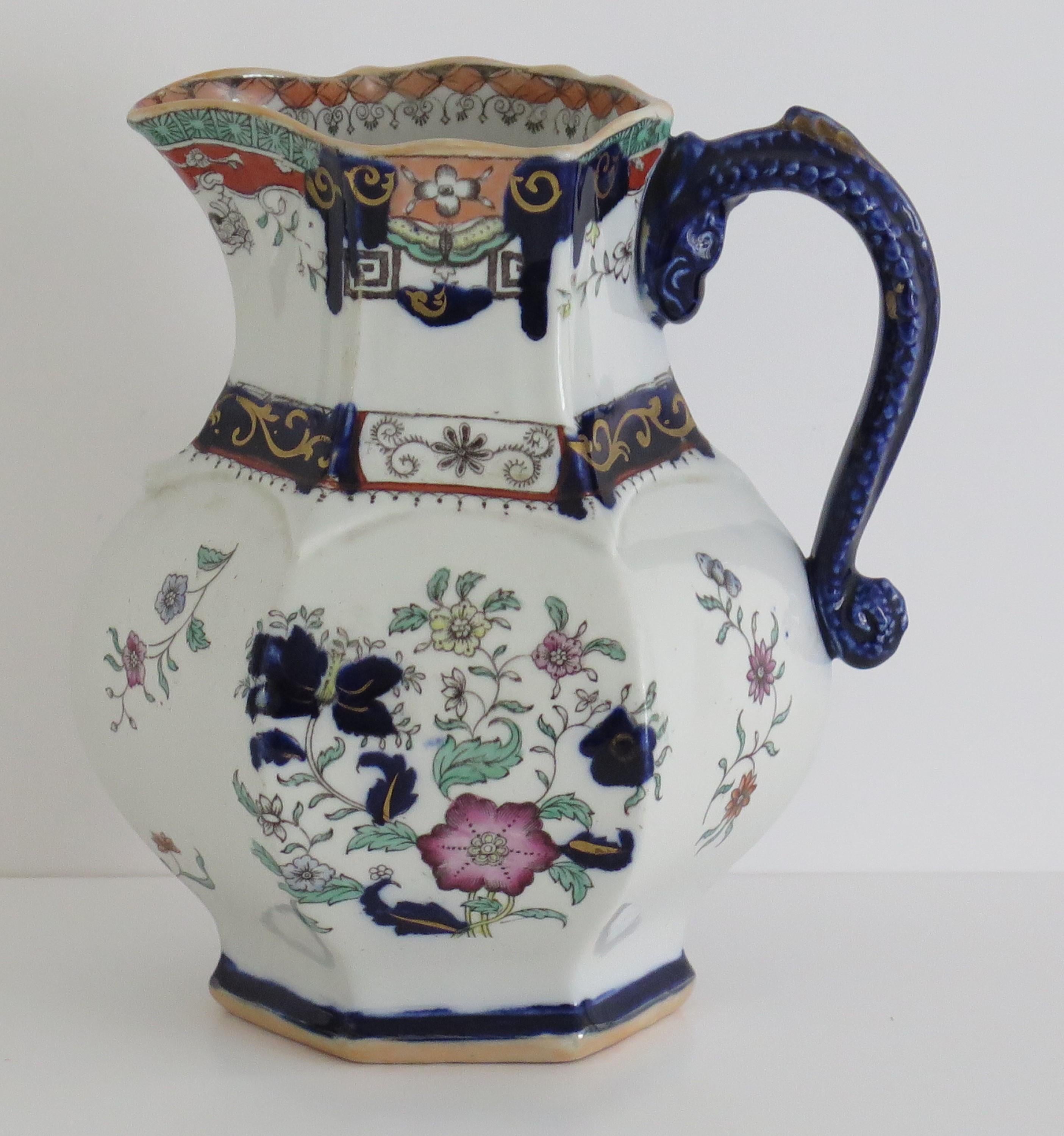 Hand-Painted Mason's Ironstone Jug or Pitcher in Rare Shape with Serpent Handle, circa 1830 For Sale