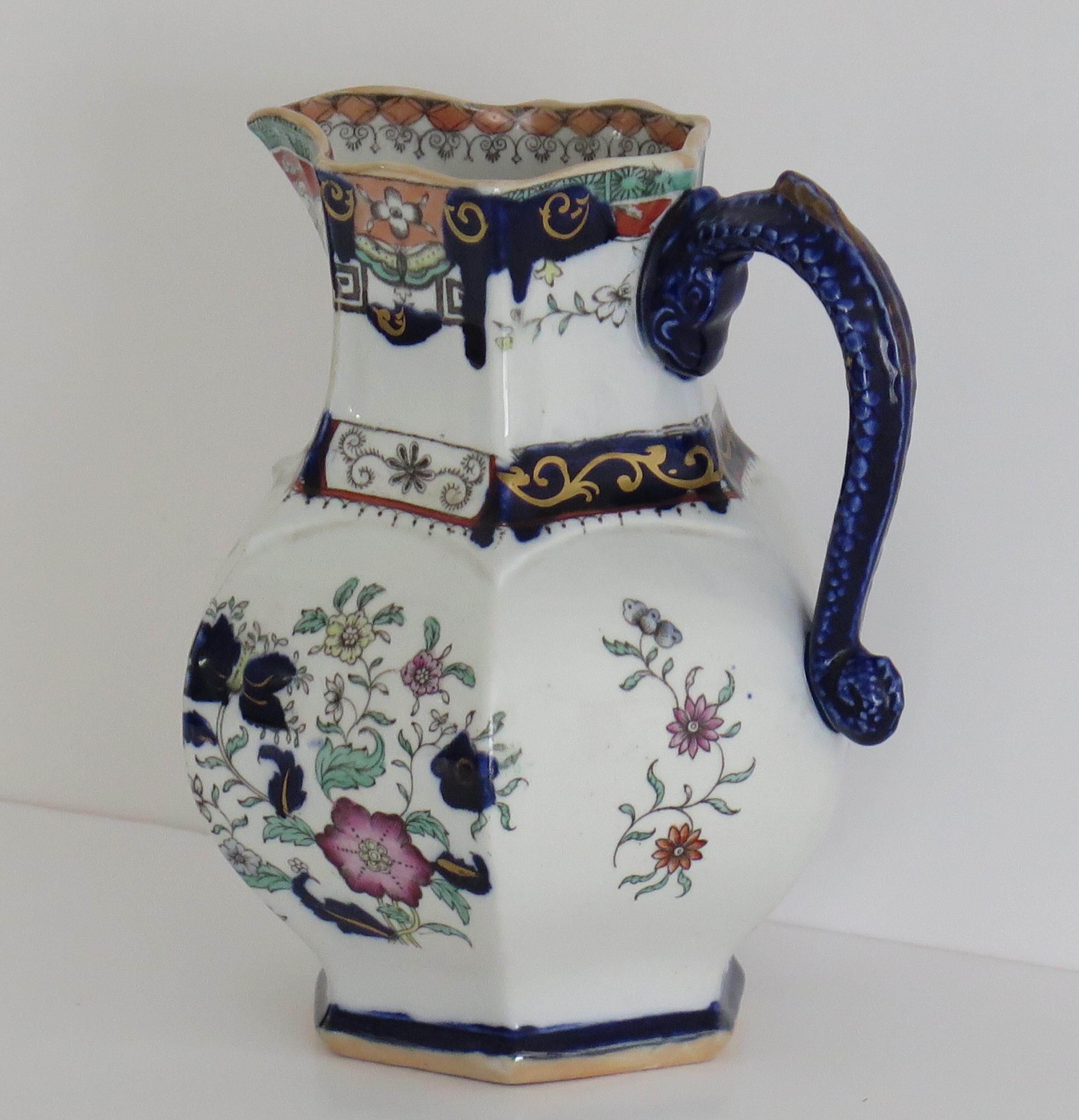 19th Century Mason's Ironstone Jug or Pitcher in Rare Shape with Serpent Handle, circa 1830 For Sale