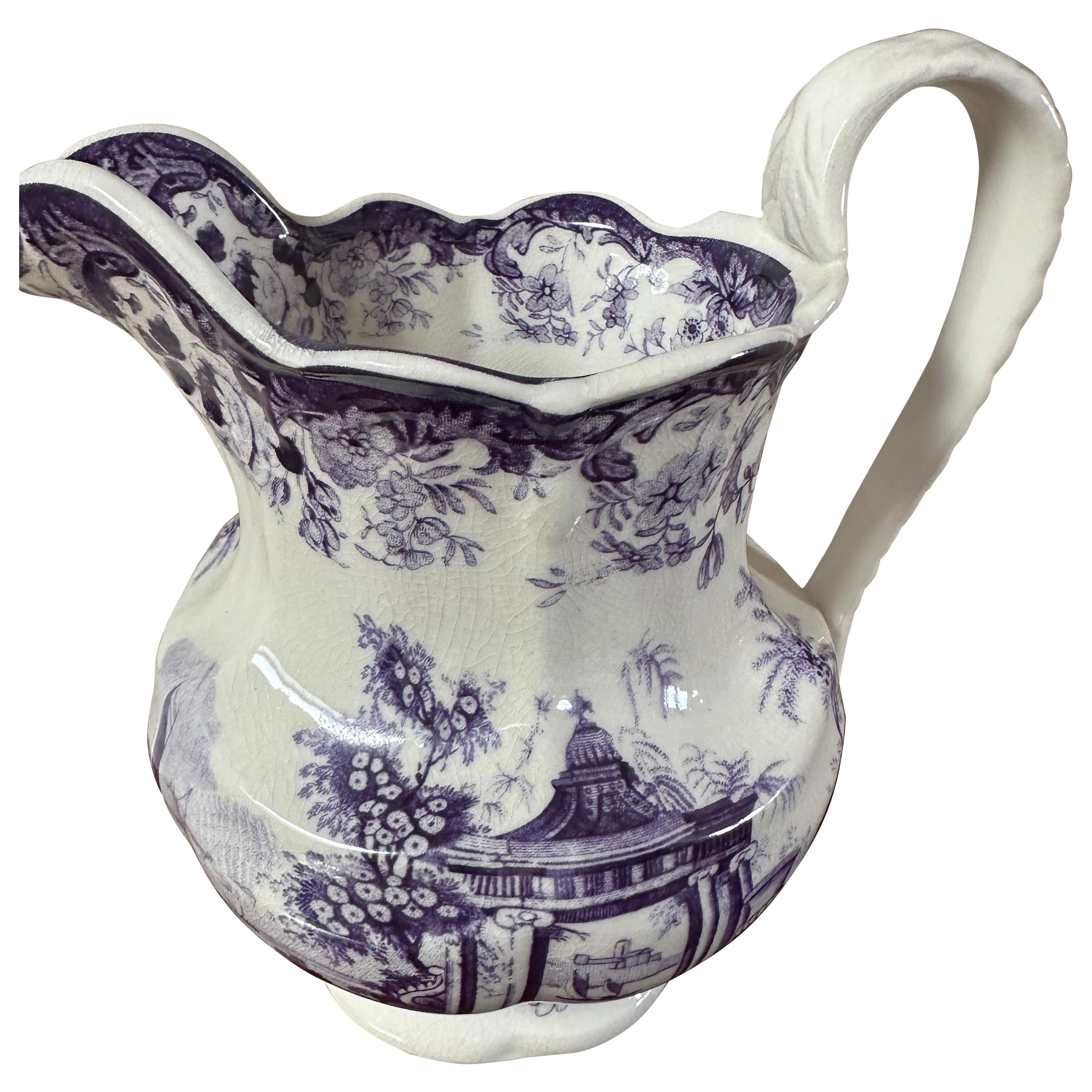 Brocca Mason's Ironstone, viola e bianca, scena asiatica, ceramica, Circa 1850 in vendita
