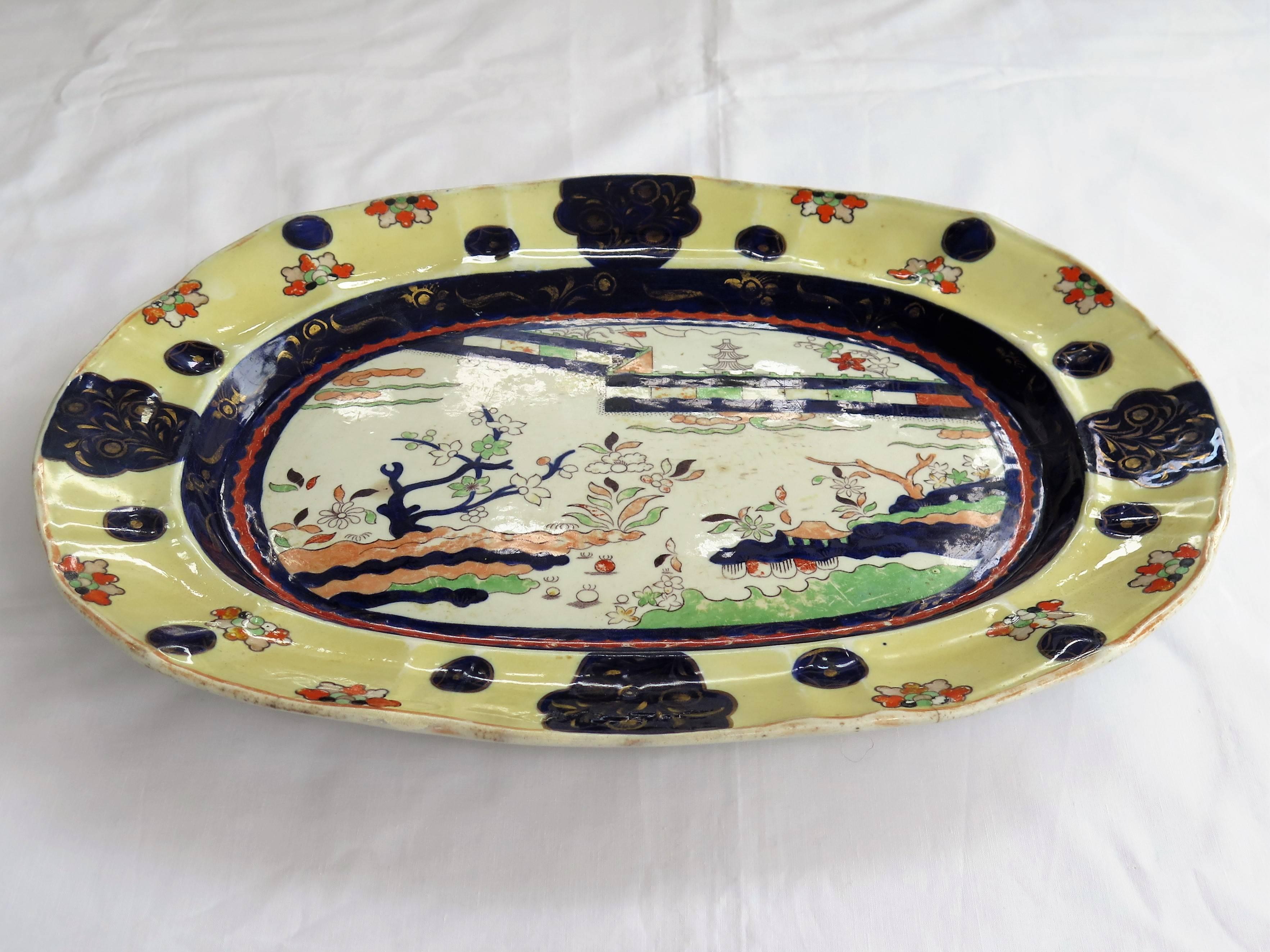 Chinoiserie Mason's Ironstone Very Large Platter Colored Wall Pattern Irish Mark, Ca 1840