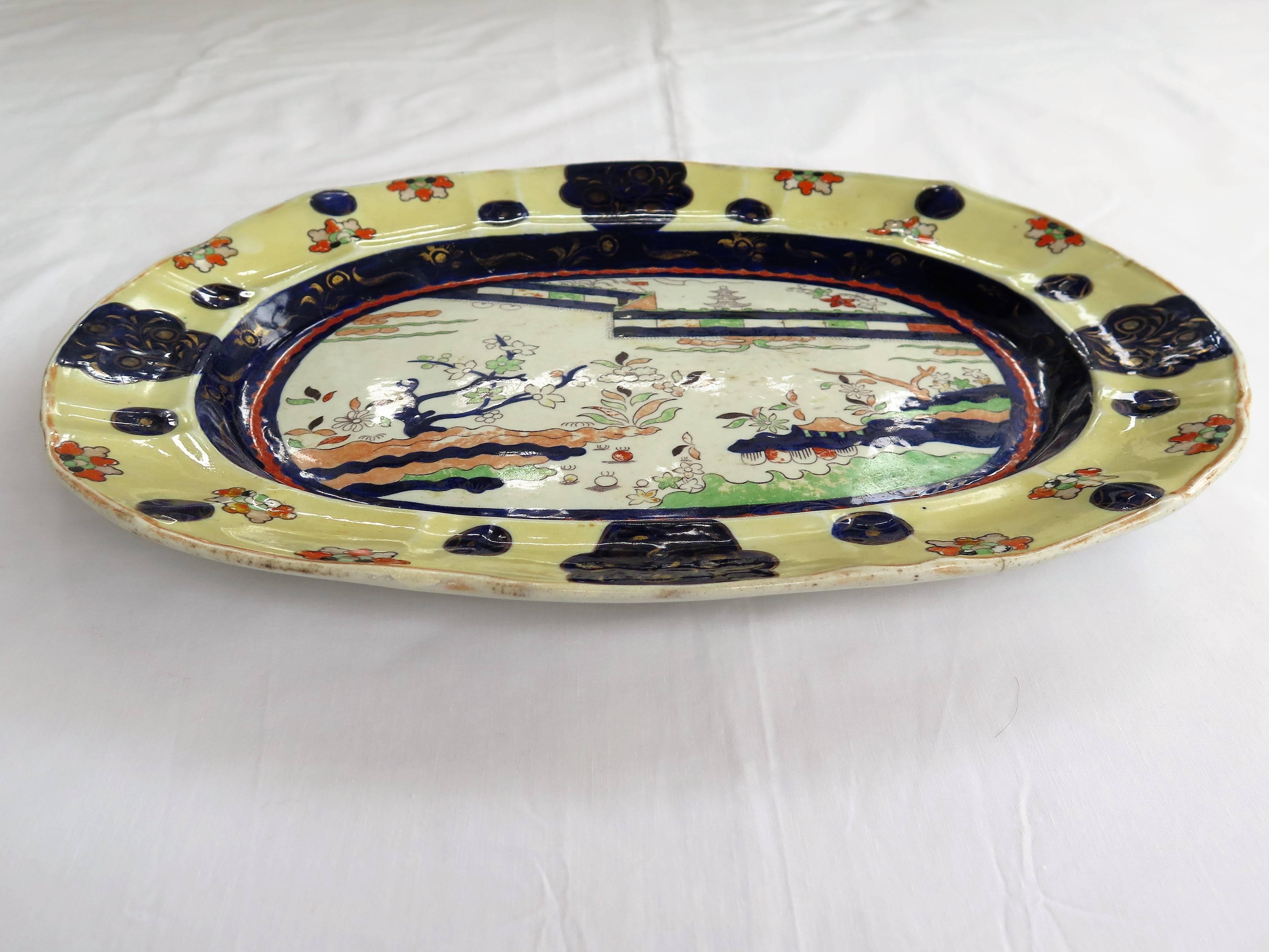 Hand-Painted Mason's Ironstone Very Large Platter Colored Wall Pattern Irish Mark, Ca 1840