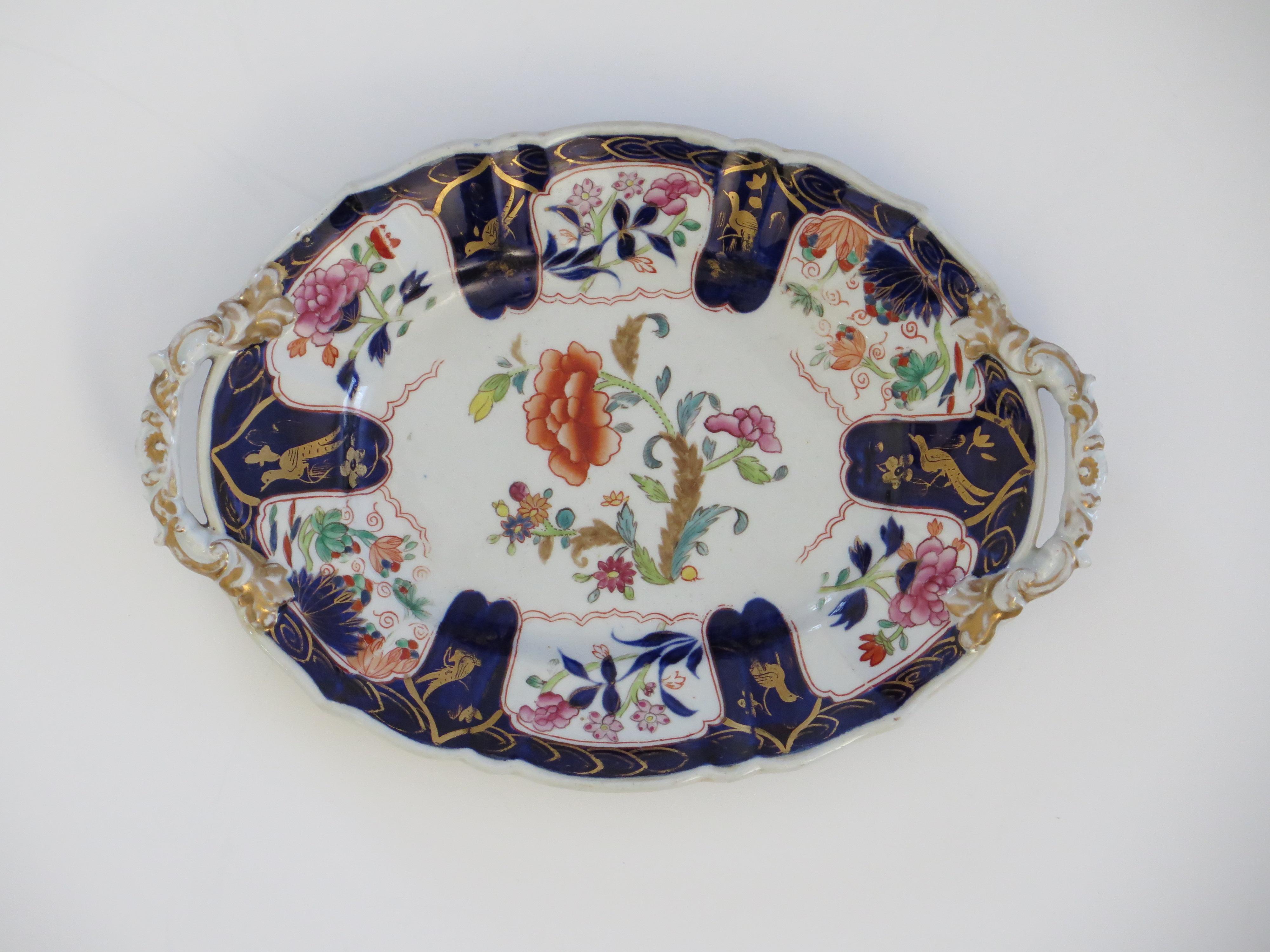 Hand-Painted Masons Ironstone Oval Platter in Gold Pheasants Peony & Fern pattern, Ca 1820 For Sale
