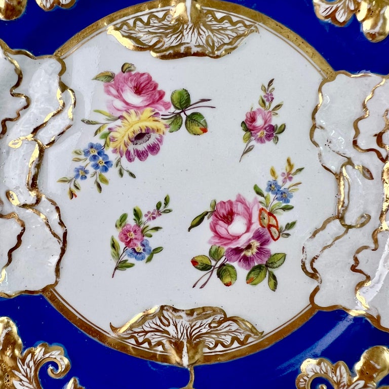 Rococo Revival Mason's Ironstone Plate, Cabbage Moulded Blue with Flowers, ca 1840 For Sale