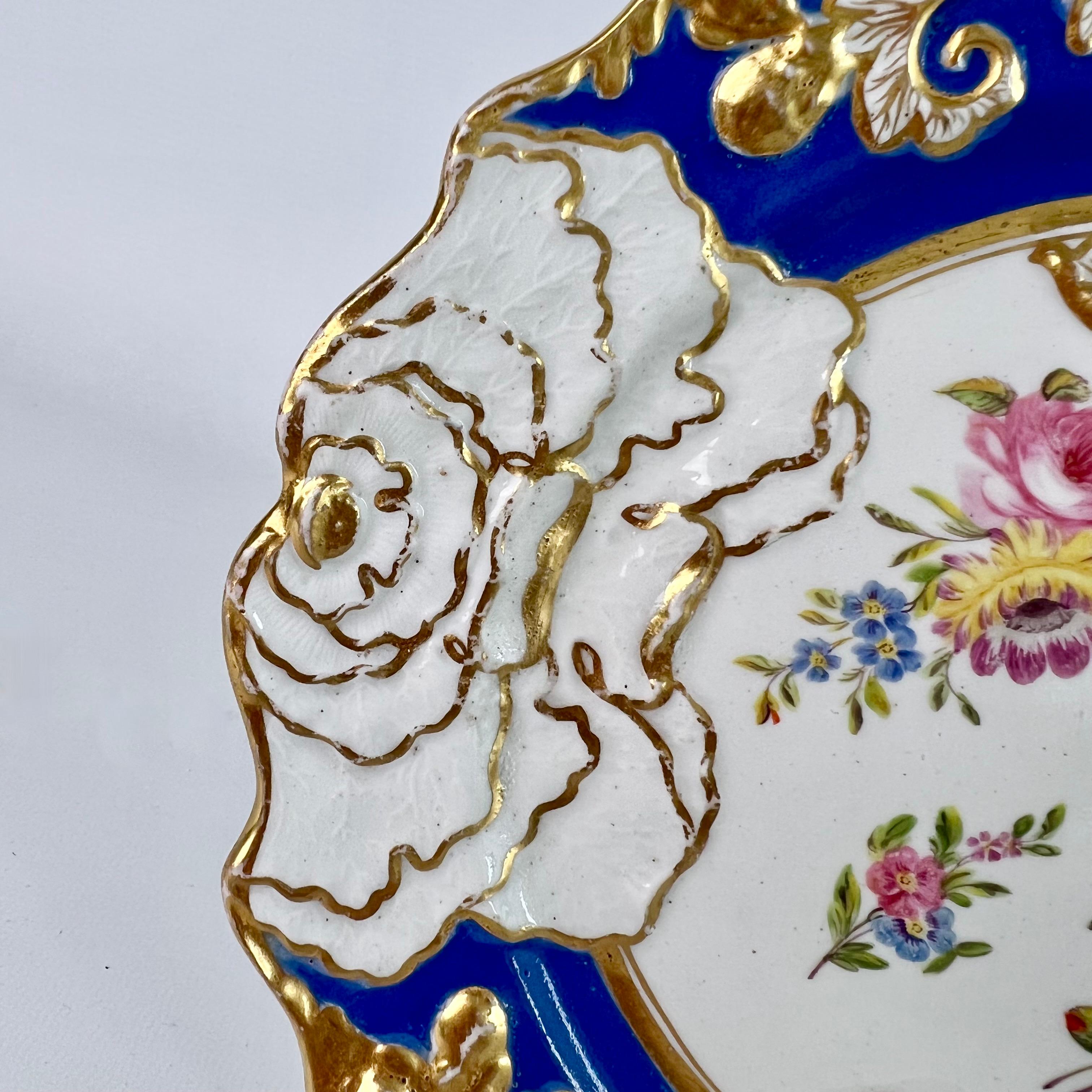Rococo Revival Mason's Ironstone Plate, Cabbage Moulded Blue with Flowers, ca 1840
