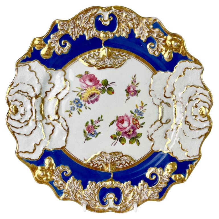 Mason's Ironstone Plate, Cabbage Moulded Blue with Flowers, ca 1840 For Sale