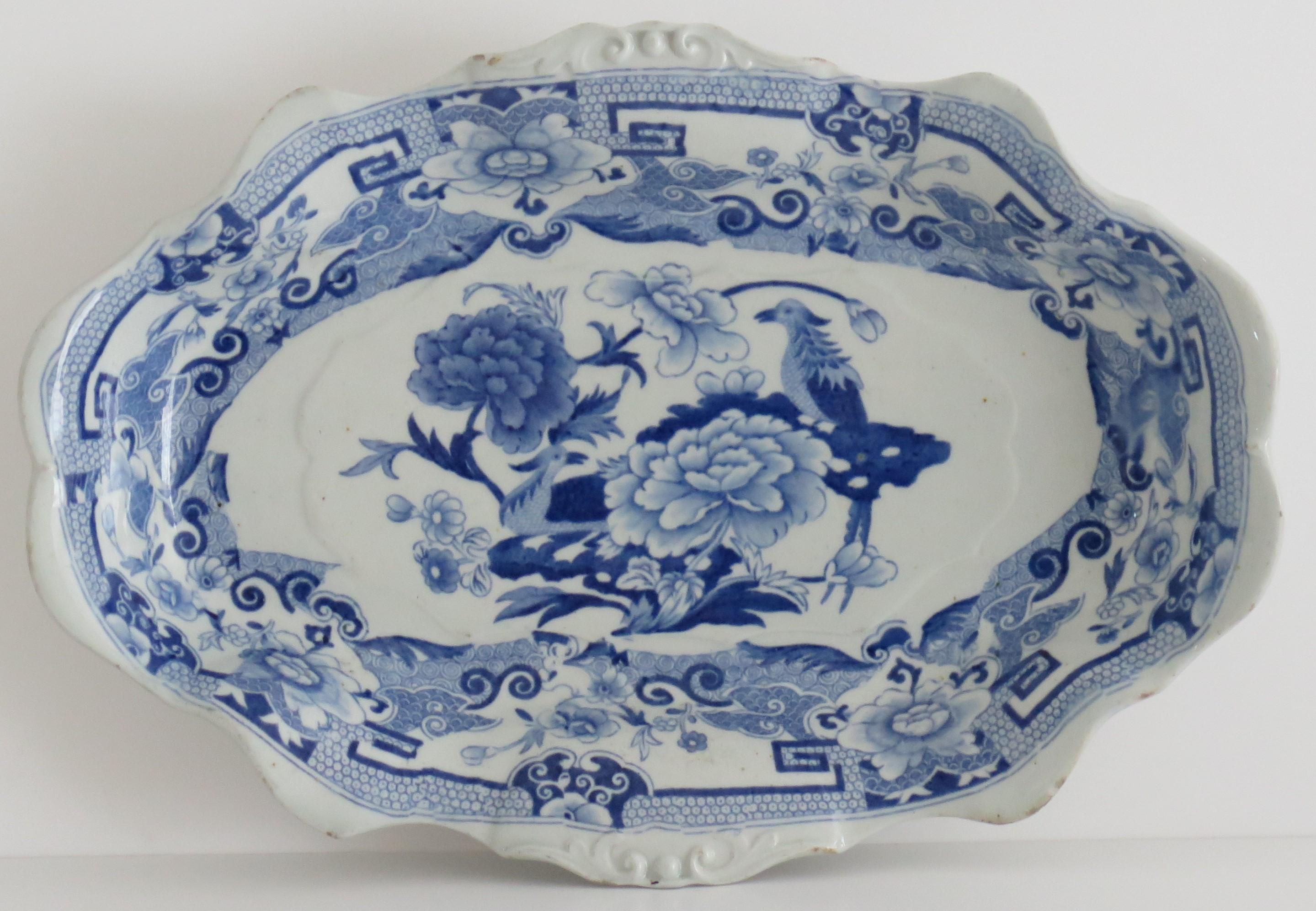 English Mason's Ironstone Serving Dish Blue & White India Pheasants Pattern, Circa 1820