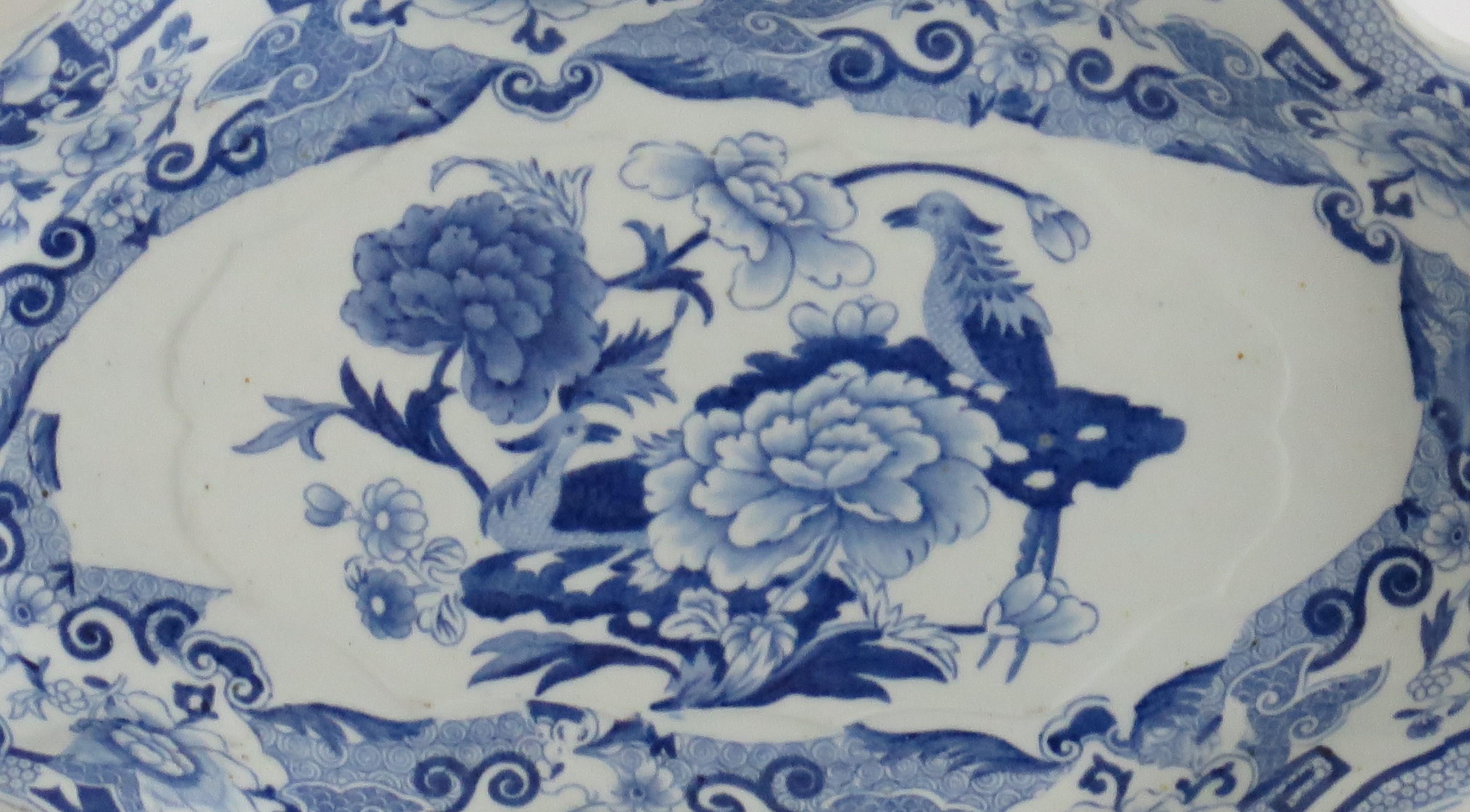 Glazed Mason's Ironstone Serving Dish Blue & White India Pheasants Pattern, Circa 1820