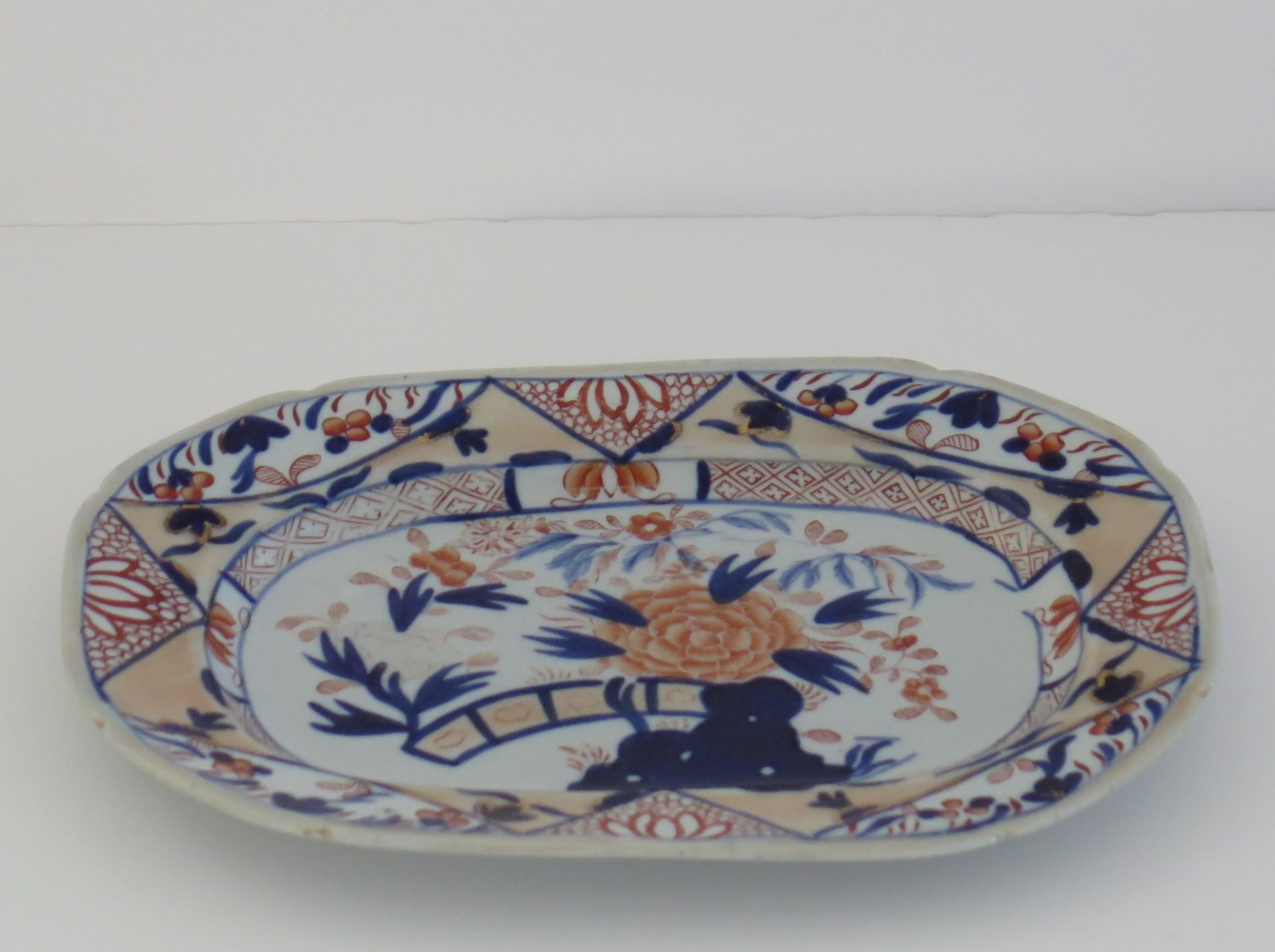 Hand-Painted Mason's Ironstone Serving Platter in Fence, Rock & Blue Willow pattern, Ca 1820
