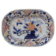 Antique Mason's Ironstone Serving Platter in Fence, Rock & Blue Willow pattern, Ca 1820