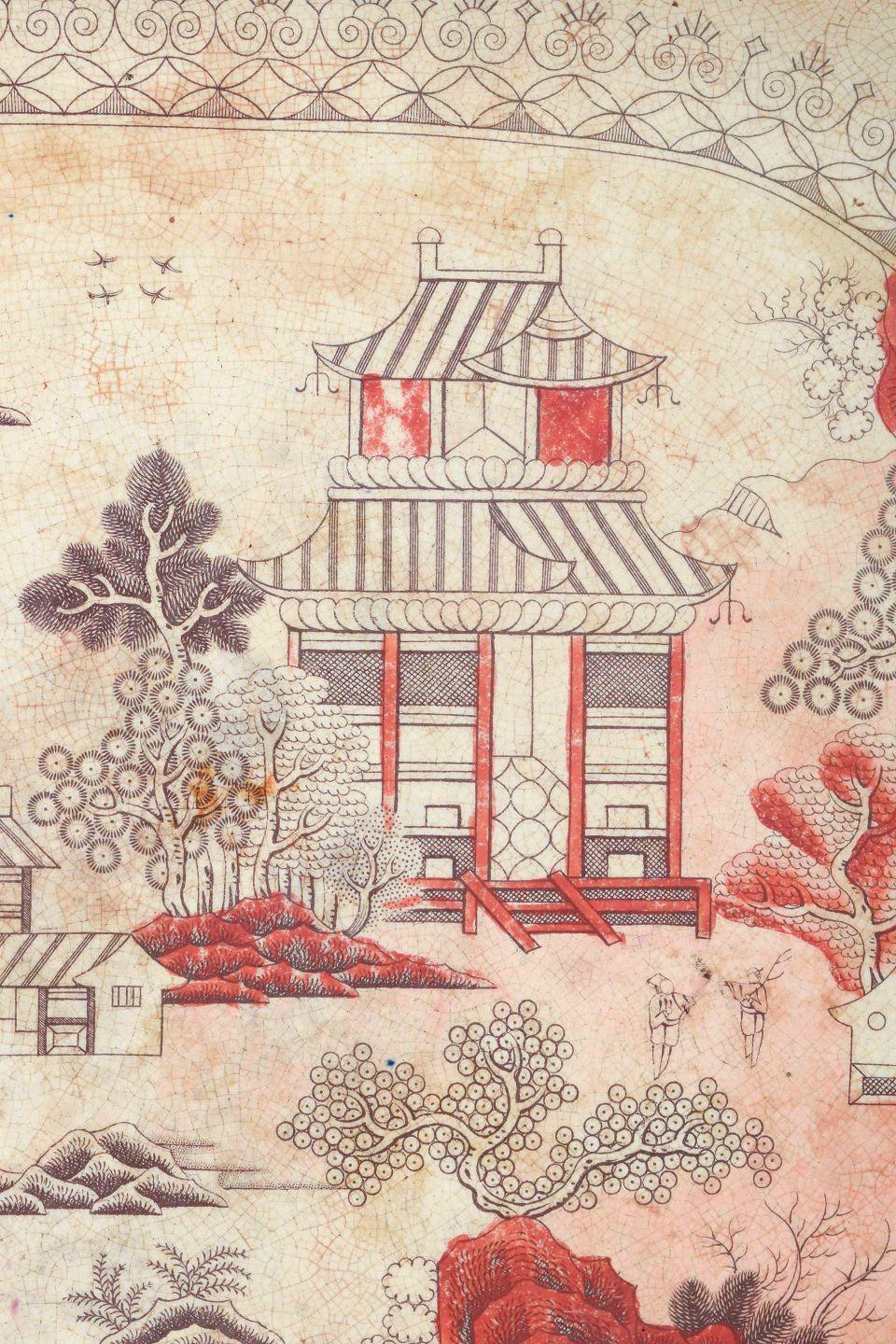 Mason's, große Schale, 19. Jahrhundert.
Große ovale Schale aus Fayence von Mason's, ausgeführt im klassischen Patent Ironstone China. 
Dekoriert mit einem chinesisch inspirierten Motiv, das Landschaften, Pavillons, Brücken und florale Ornamente in