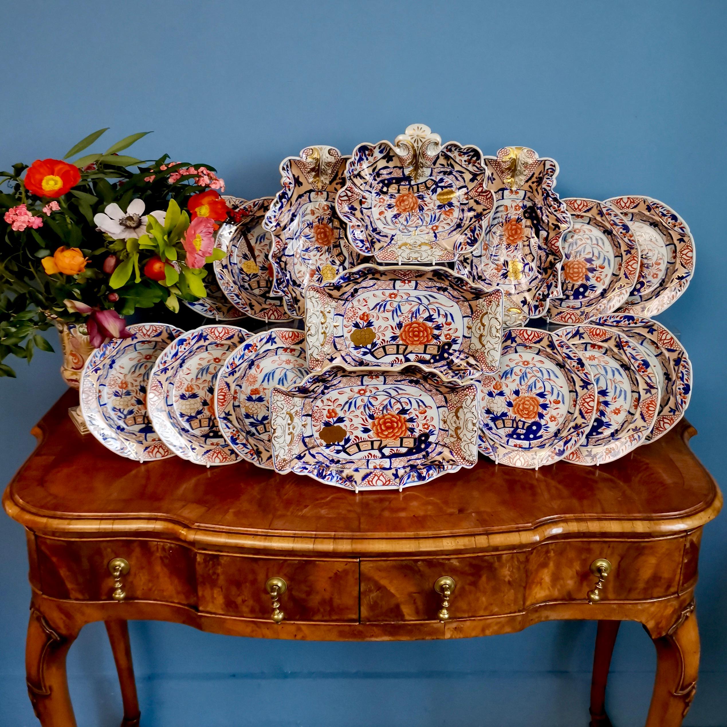This is a wonderful dessert service made by Miles Mason between 1813 and 1820. It is made of Patent Ironstone China, decorated in the 