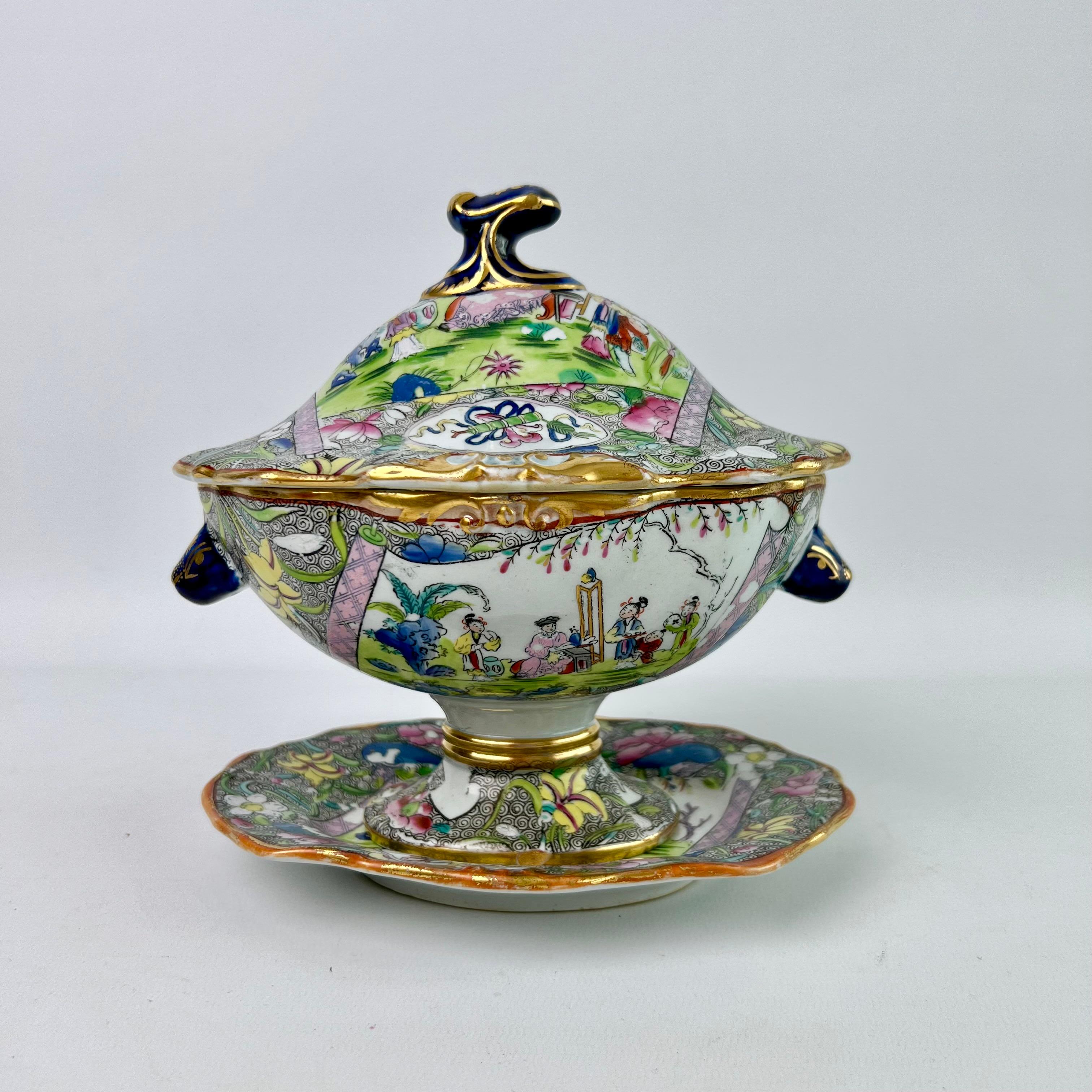 This is a stunning dessert service made by Miles Mason between 1813 and 1820. It is made of Patent Ironstone China, decorated in the very rare 