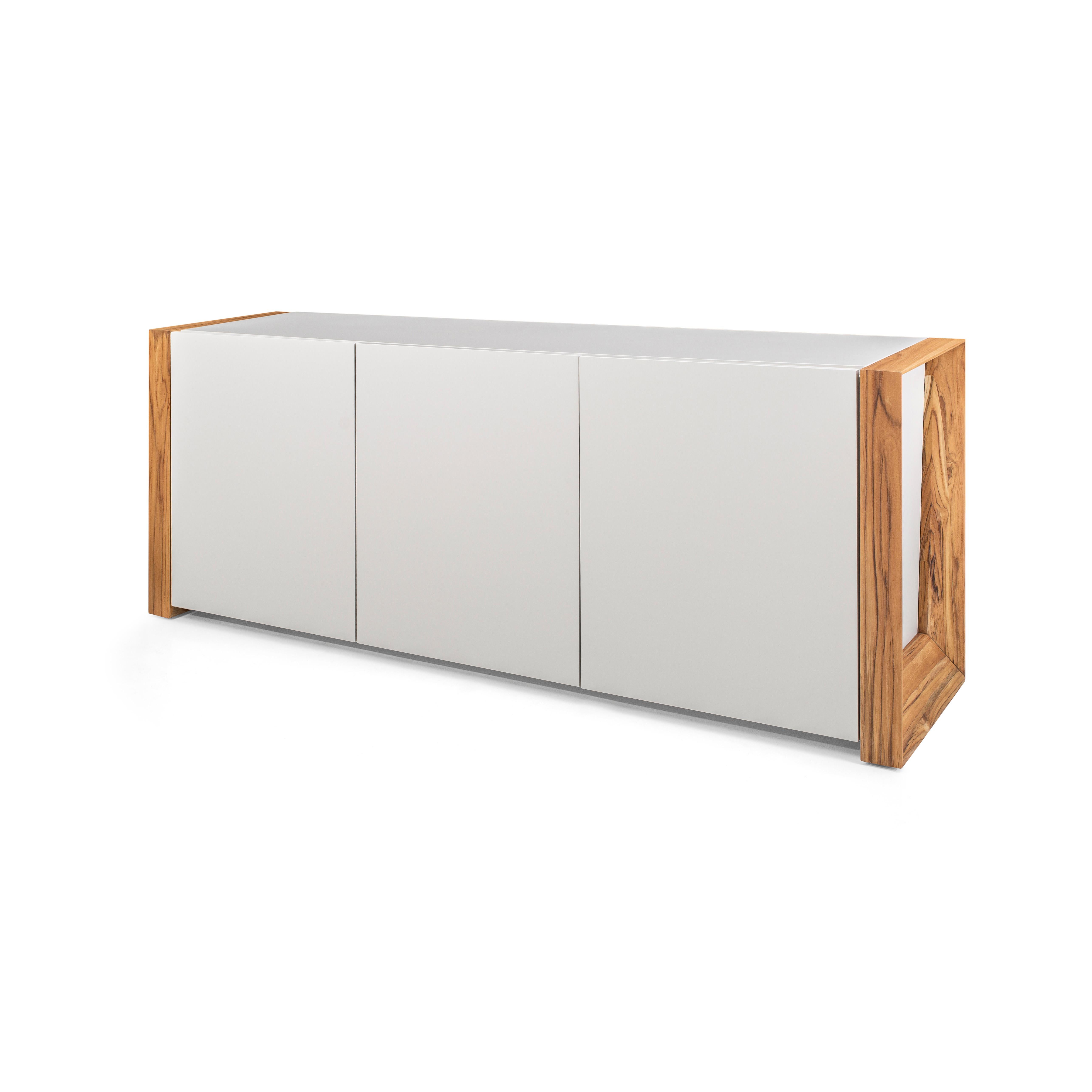 Brazilian Masp Sideboard in White Finish and Teak Wood Finish End Frames For Sale