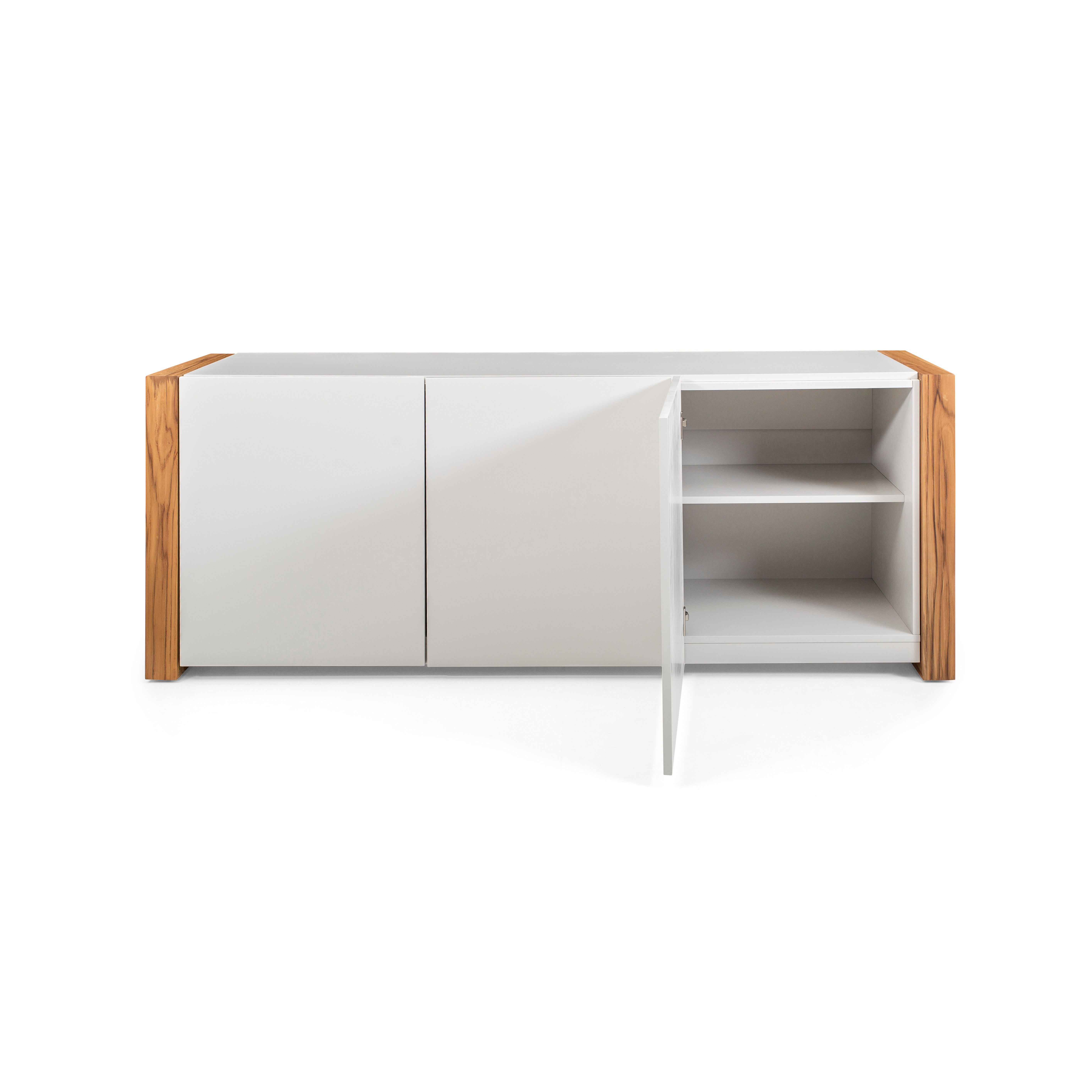 Contemporary Masp Sideboard in White Finish and Teak Wood Finish End Frames For Sale