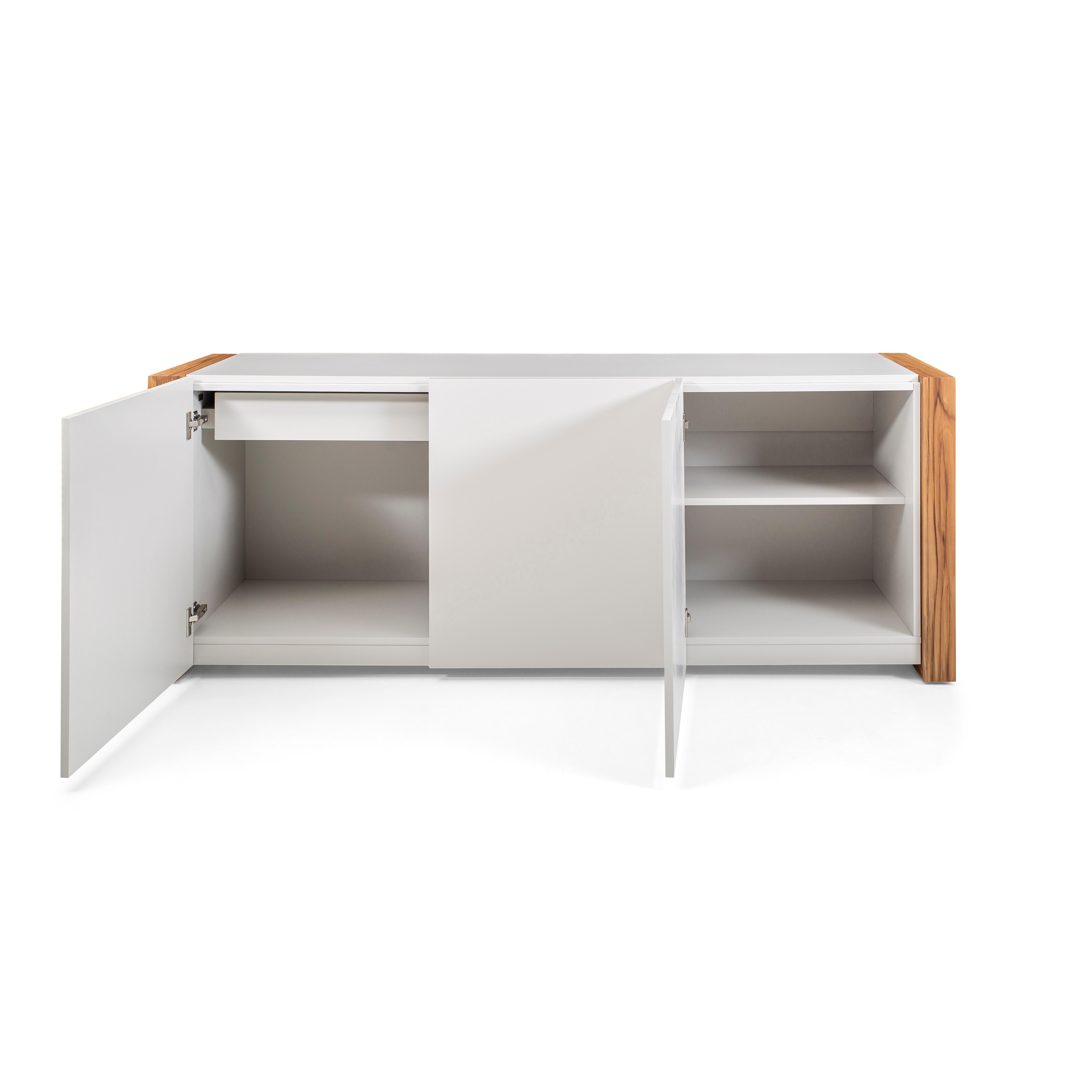 Masp Sideboard in White Finish and Teak Wood Finish End Frames For Sale 1