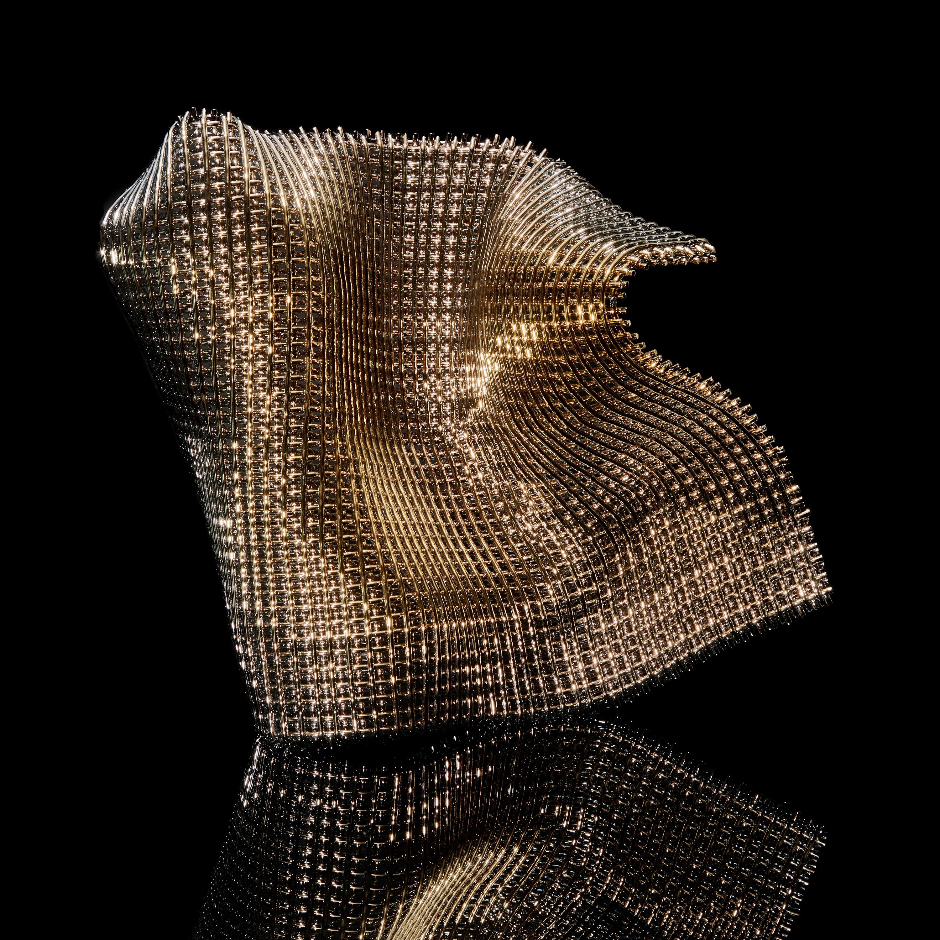 Hand-Crafted Masquerade, a Golden Woven Glass Standing Sculpture by Cathryn Shilling