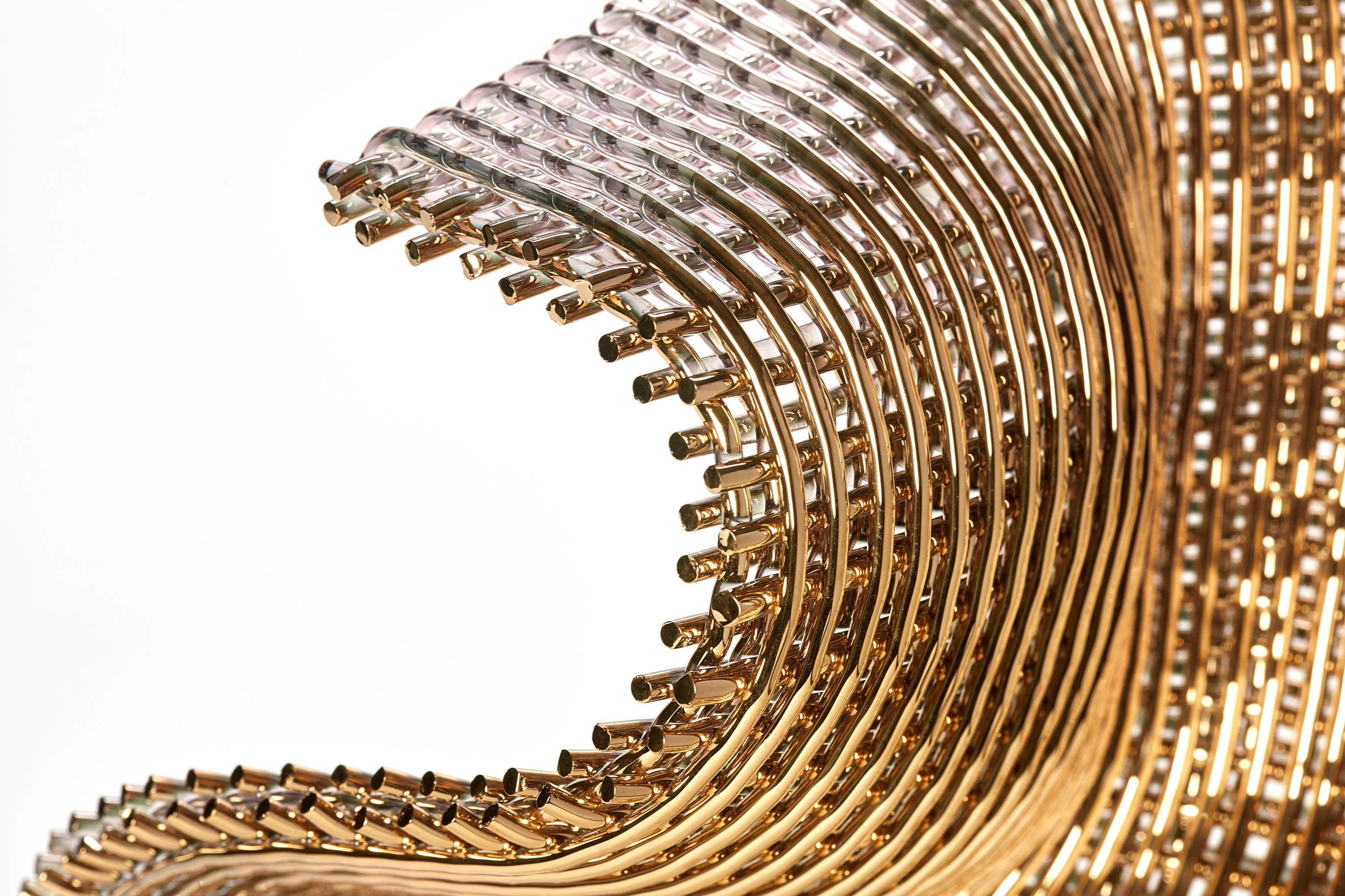 Contemporary Masquerade, a woven gold & glass standing abstract sculpture by Cathryn Shilling