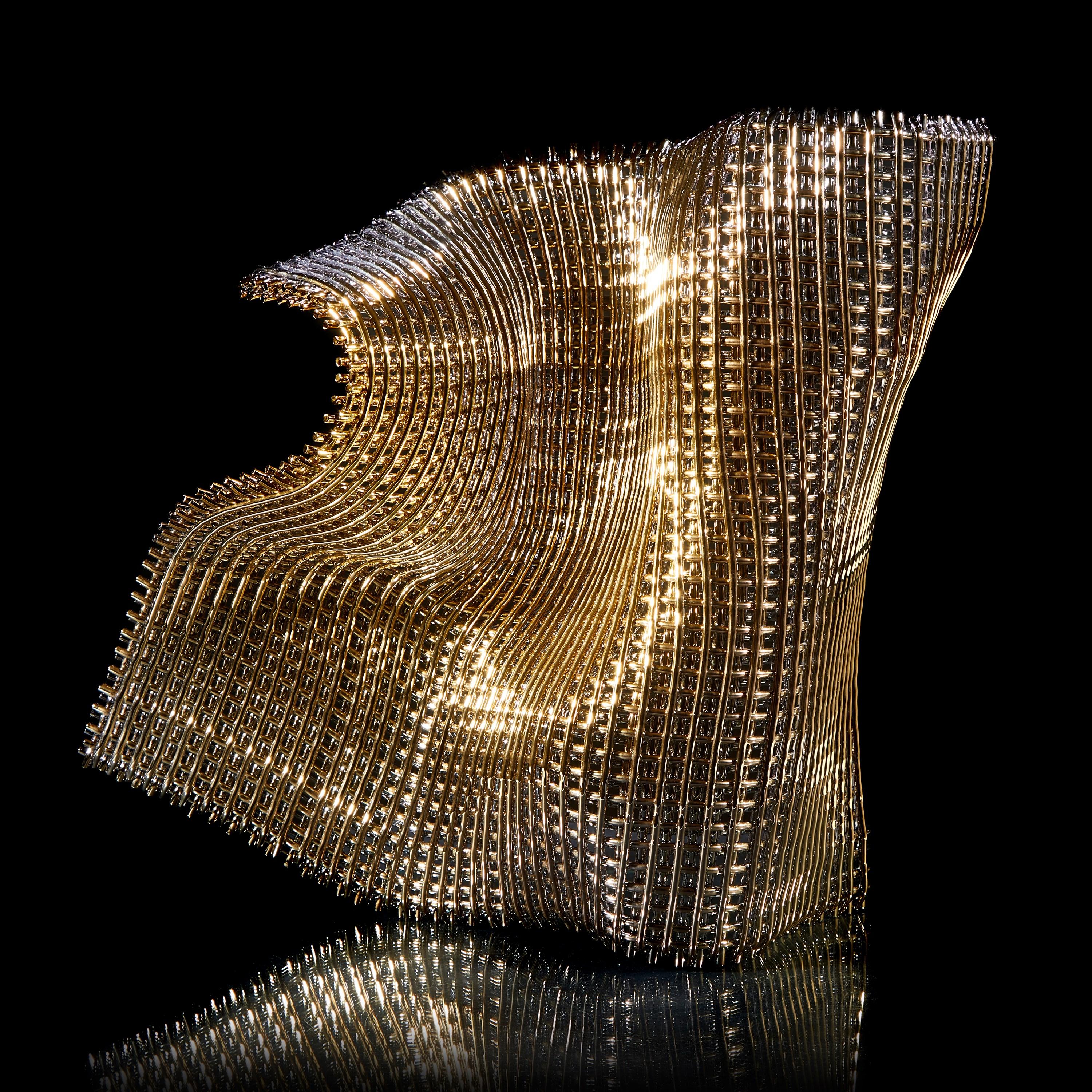 Gold Masquerade, a woven gold & glass standing abstract sculpture by Cathryn Shilling