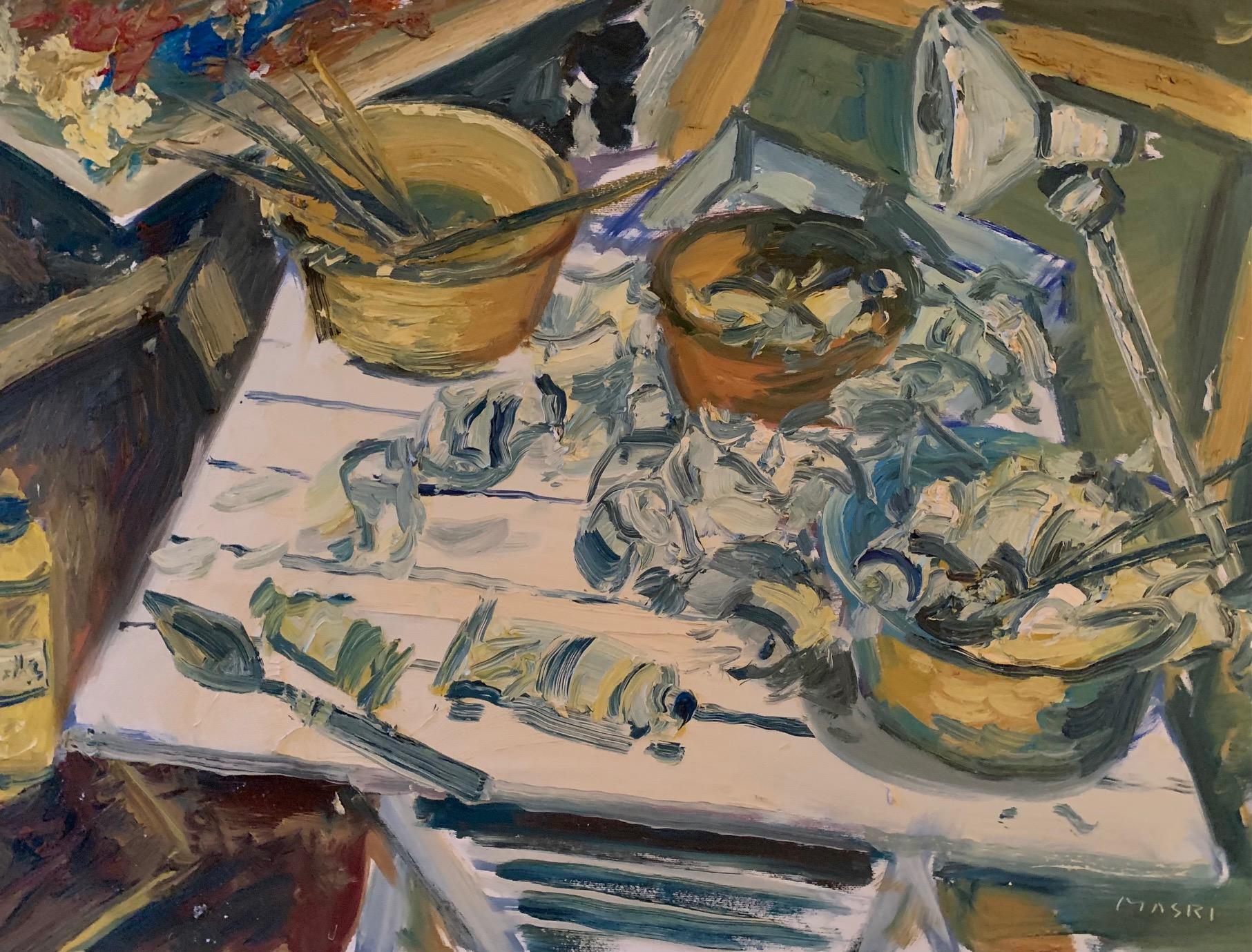 Masri Hayssam Still-Life Painting - "A Day At The Studio" Oil on Canvas 31.5"x24" by Masri