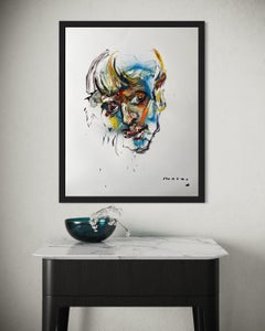 'Amused' by Masri - Vibrant Colorful Mixed Media Portrait Painting on Paper