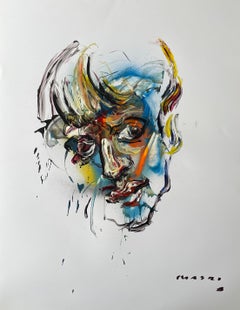 'Amused' by Masri - Vibrant Colorful Mixed Media Portrait Painting on Paper