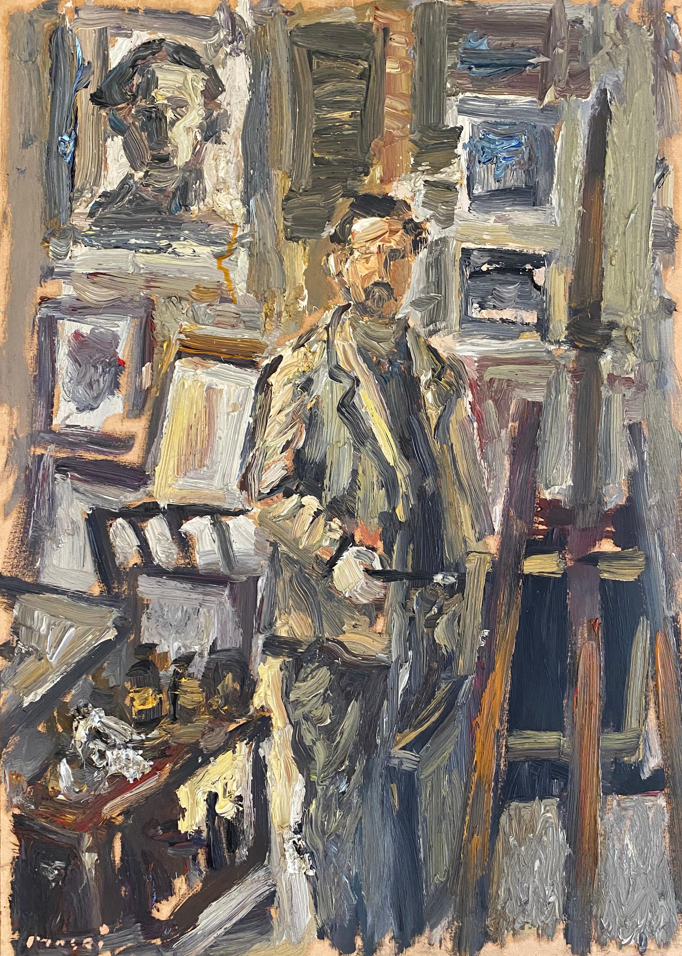 Masri Hayssam Portrait Painting - "Artist In The Studio"  Figurative Oil On Board By Masri