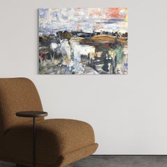 "Inizio del tramonto", paesaggio astratto ad olio su tela di Masri