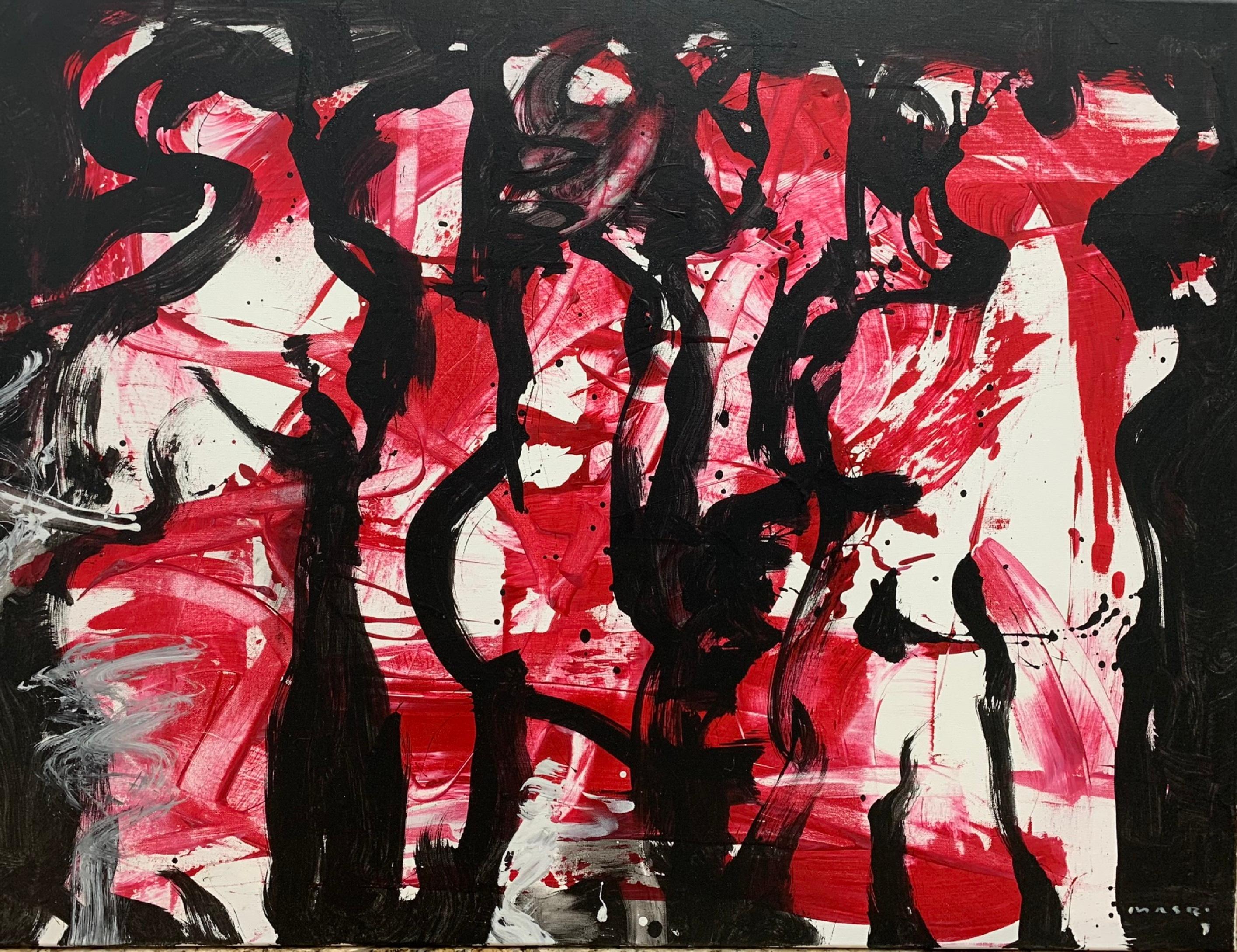 Masri Hayssam Abstract Painting - "Between B&W" Red & Black Mixed-Media Contemporary Abstract Expressionist Masri