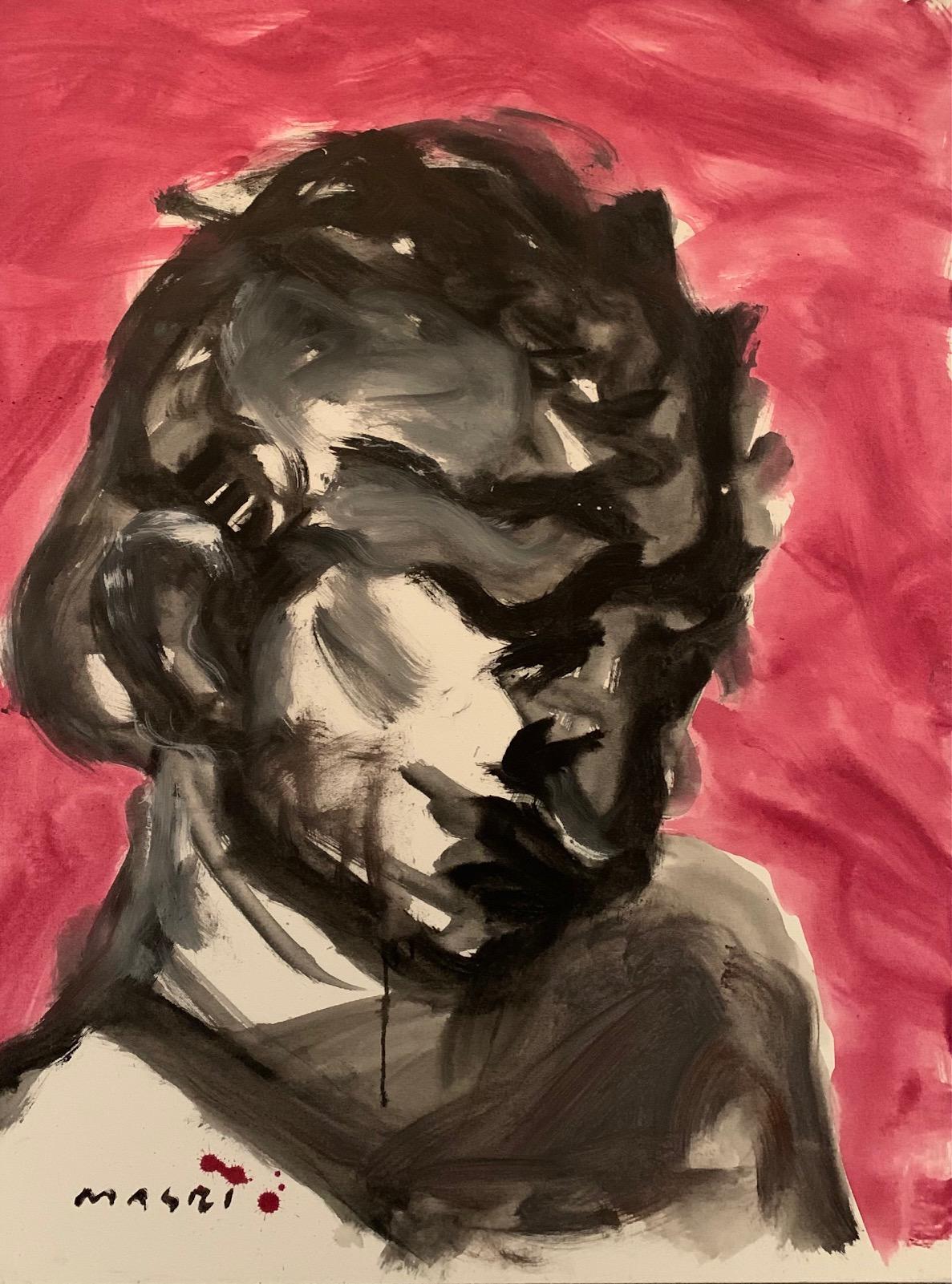 Masri Hayssam Portrait Painting - "Contemplation" Black, Pink, Red, Oil on canvas 30"x40" Original by Masri