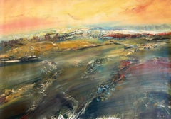 « By the River, Winter Day » de Masri - Grand paysage de couleur pastel et terre