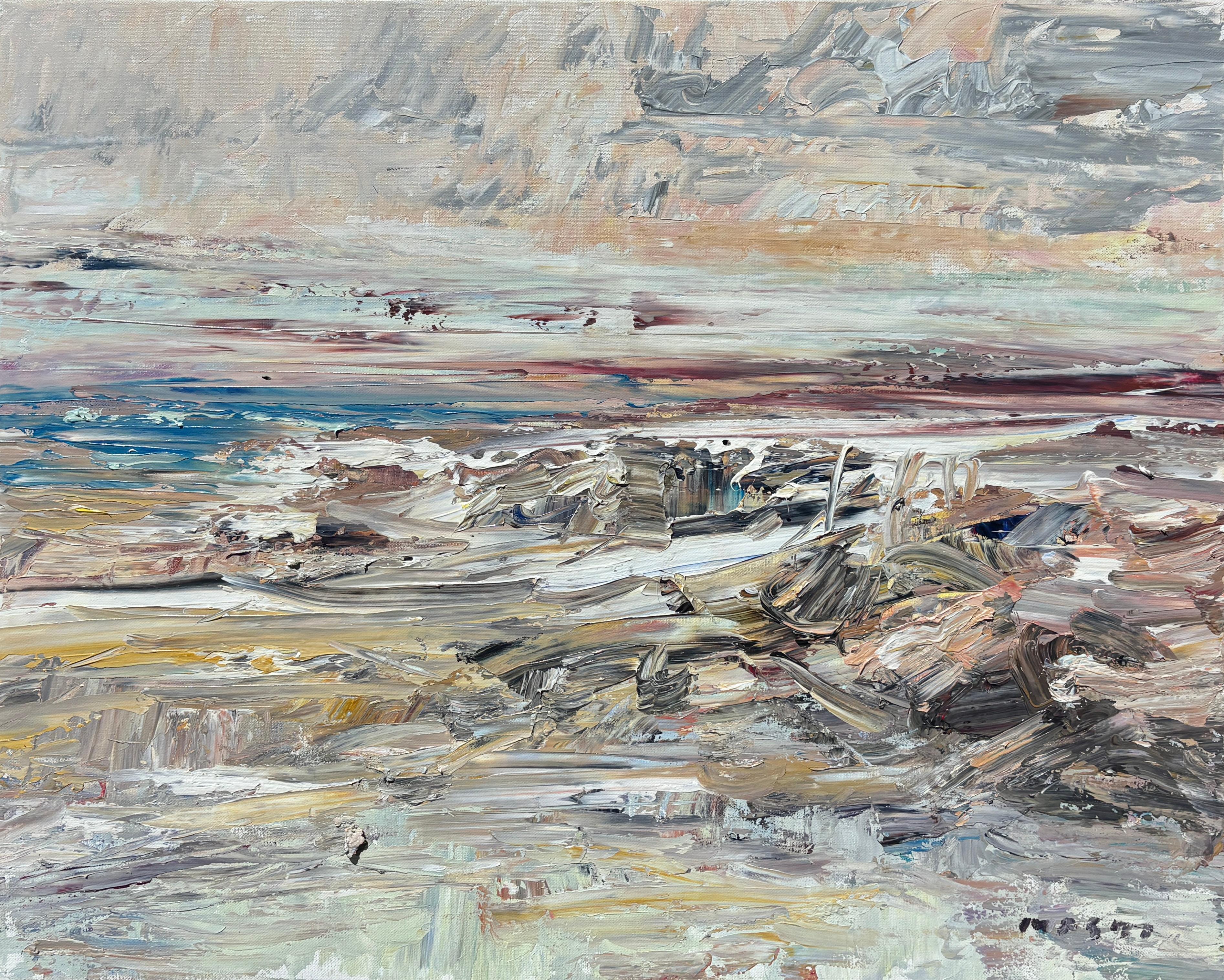 Masri Hayssam Landscape Painting - "By the Sea" - Modern Textured Mixed Media Impasto Post-Impressionist Painting