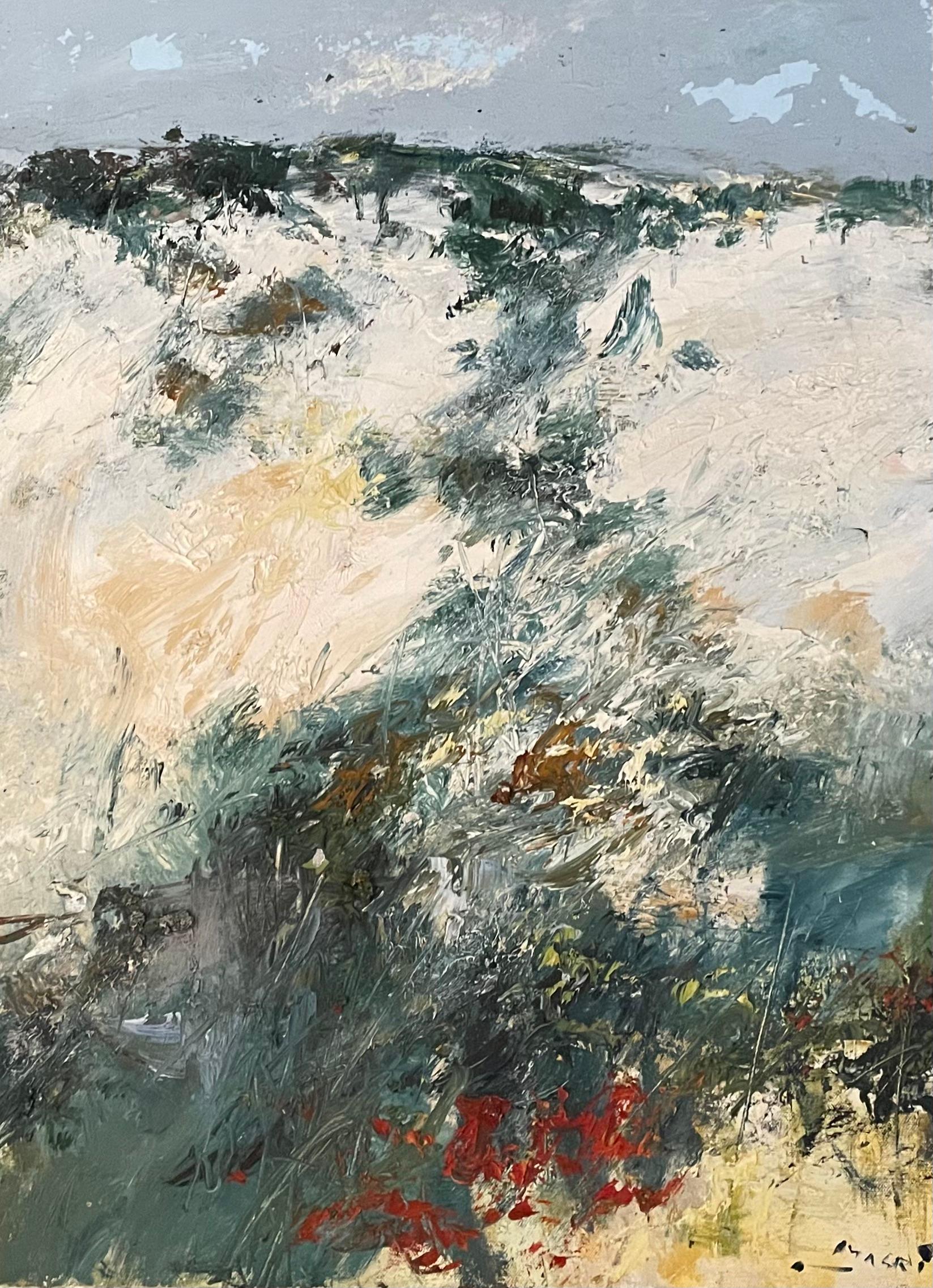 Masri Hayssam Landscape Painting - "Frosty Hillside" Oil on Canvas Contemporary Abstract Expressionist Landscape