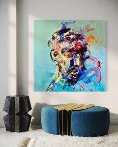 "Traccia" di Masri - Ritratto astratto maschile in blu, giallo e rosso