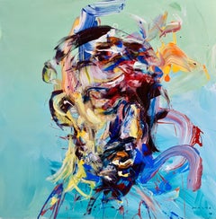 "Traccia" di Masri - Ritratto astratto maschile in blu, giallo e rosso