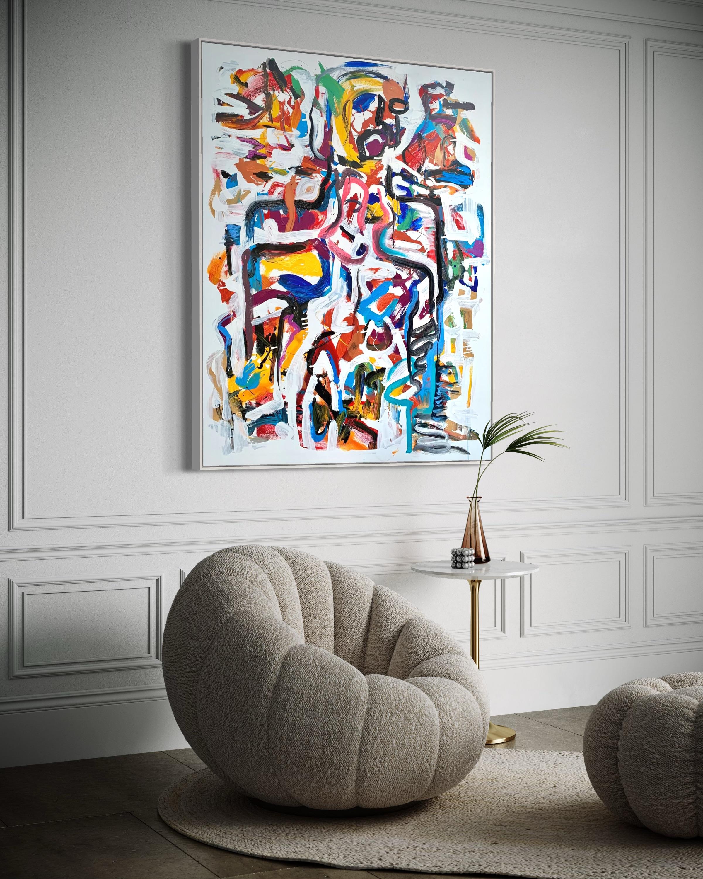 „Memories I“ von Masri – farbenfrohes abstraktes Gemälde in Mischtechnik mit Weiß – Painting von Masri Hayssam