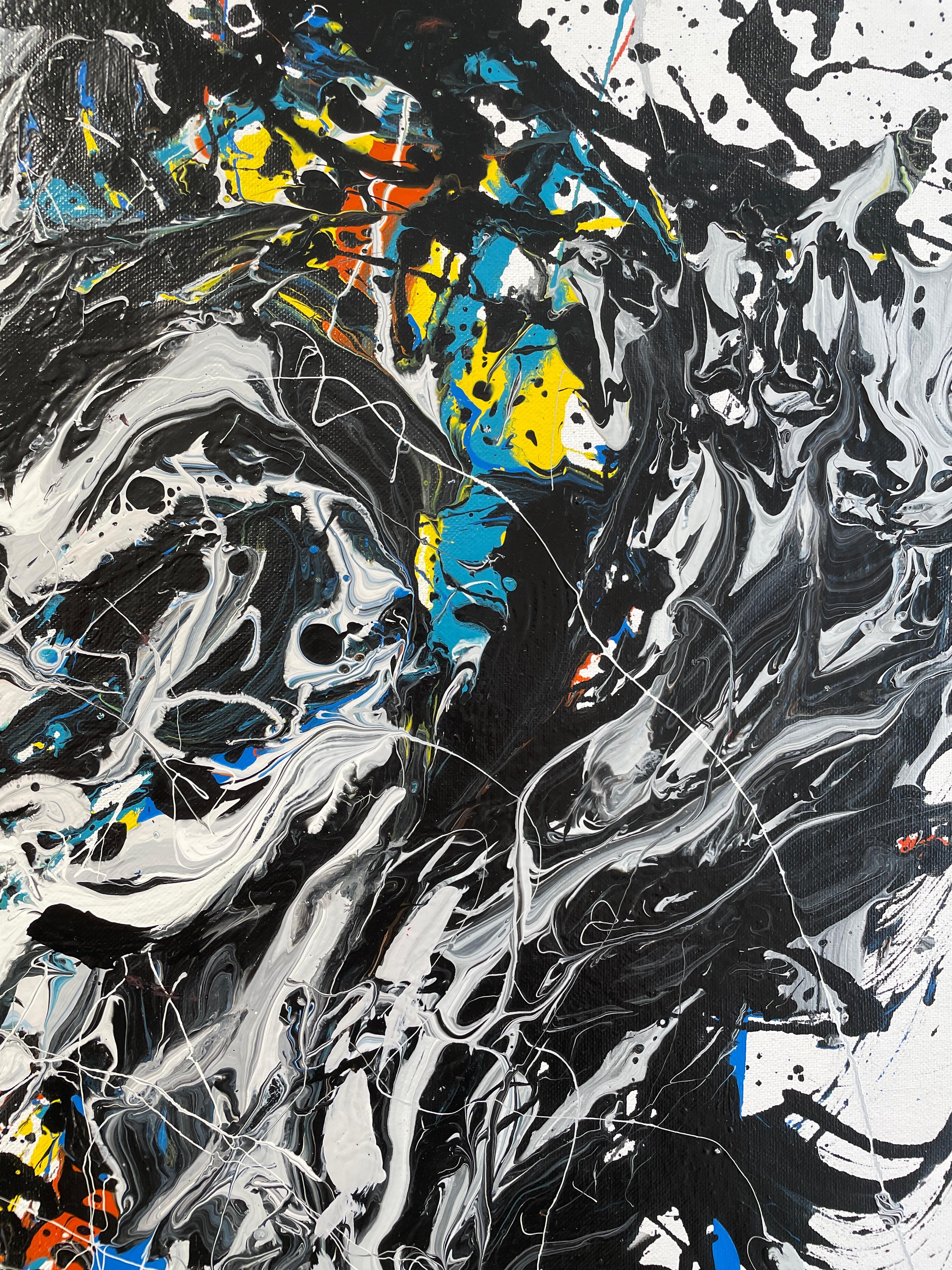 Presenting 'Naiad,' a stunning abstract portrait by Masri, celebrated for its vivacious flow and splatter techniques. This singular piece portrays a woman in profile, her form crisply delineated in black amidst an energetic backdrop of drip and