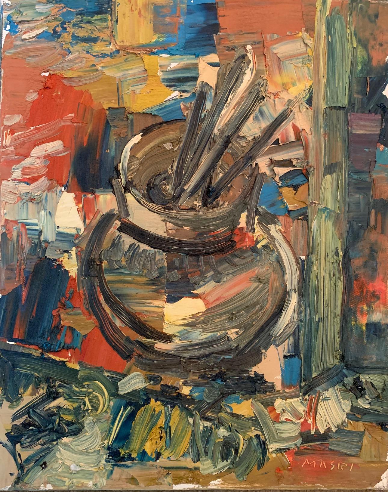 Masri Hayssam Still-Life Painting - "Paint brushes in the studio" oil on canvas by Masri